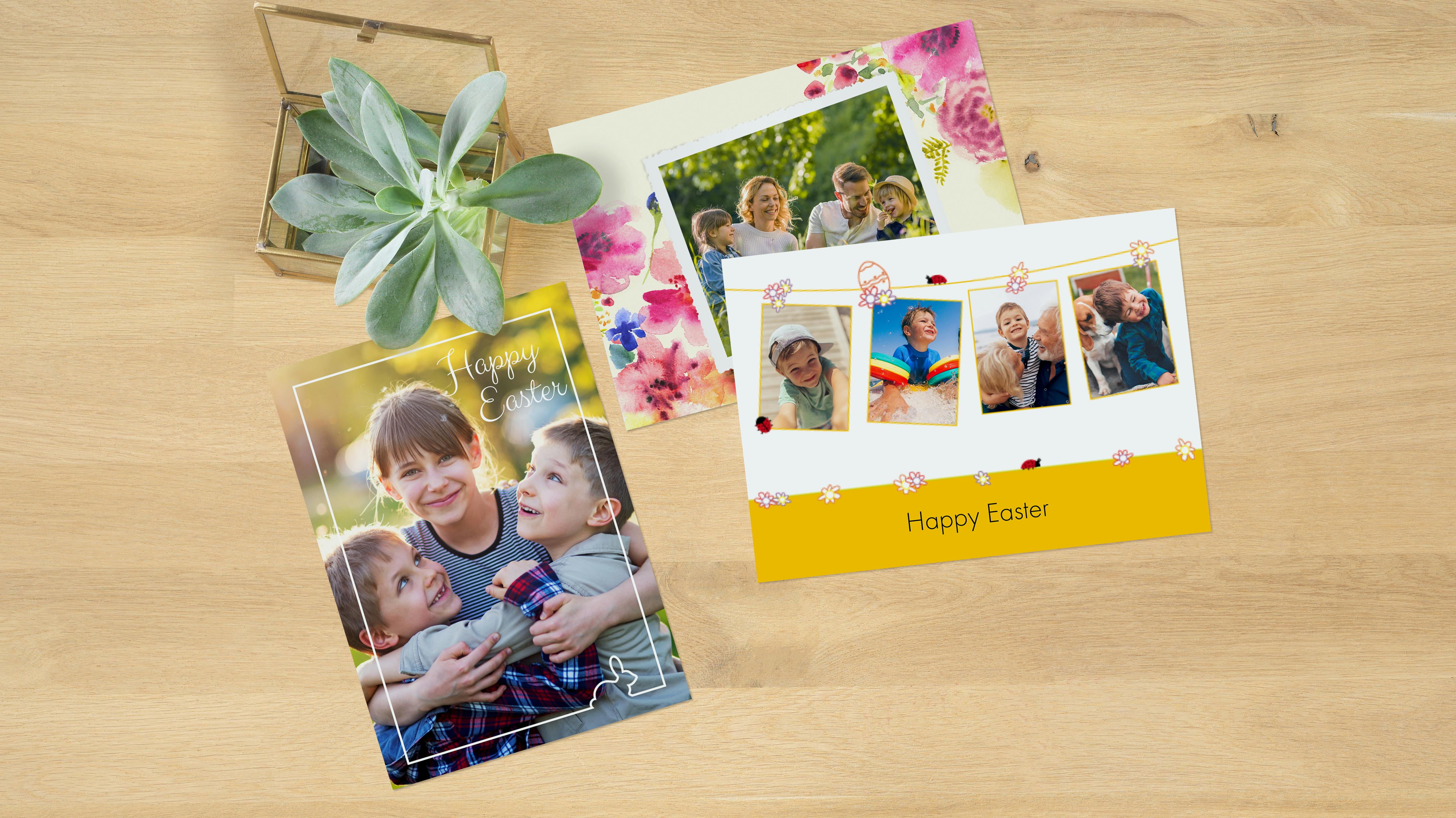 Drie verschillende fotowenskaarten met lente- en pasen foto's