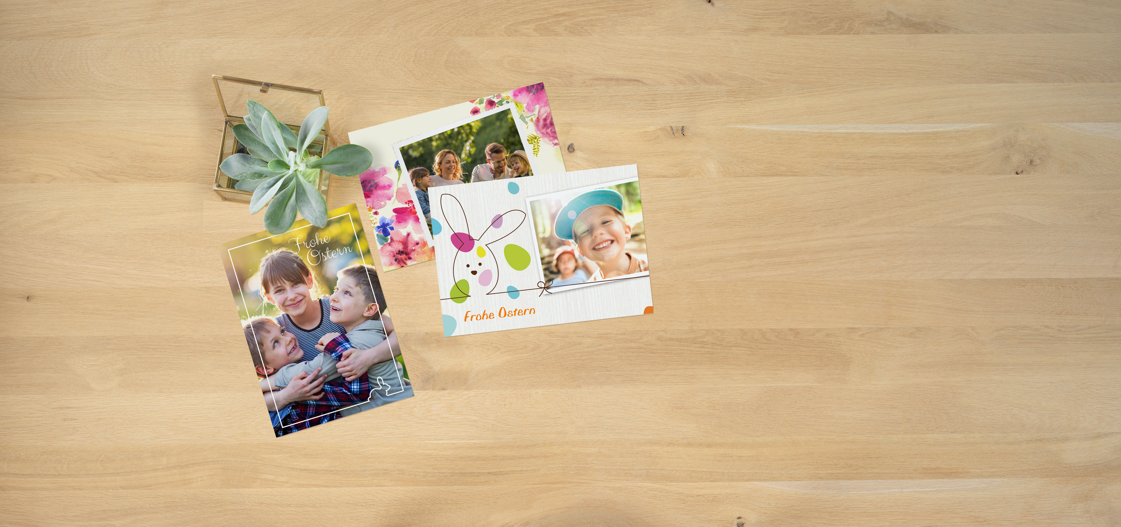 Drei verschiedenen Fotogrußkarten mit Frühlings- und Ostermotiven
