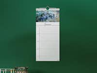 Pixum Fotokalender Küchenkalender medium mit einem Blütenfoto an einer grünen Wand