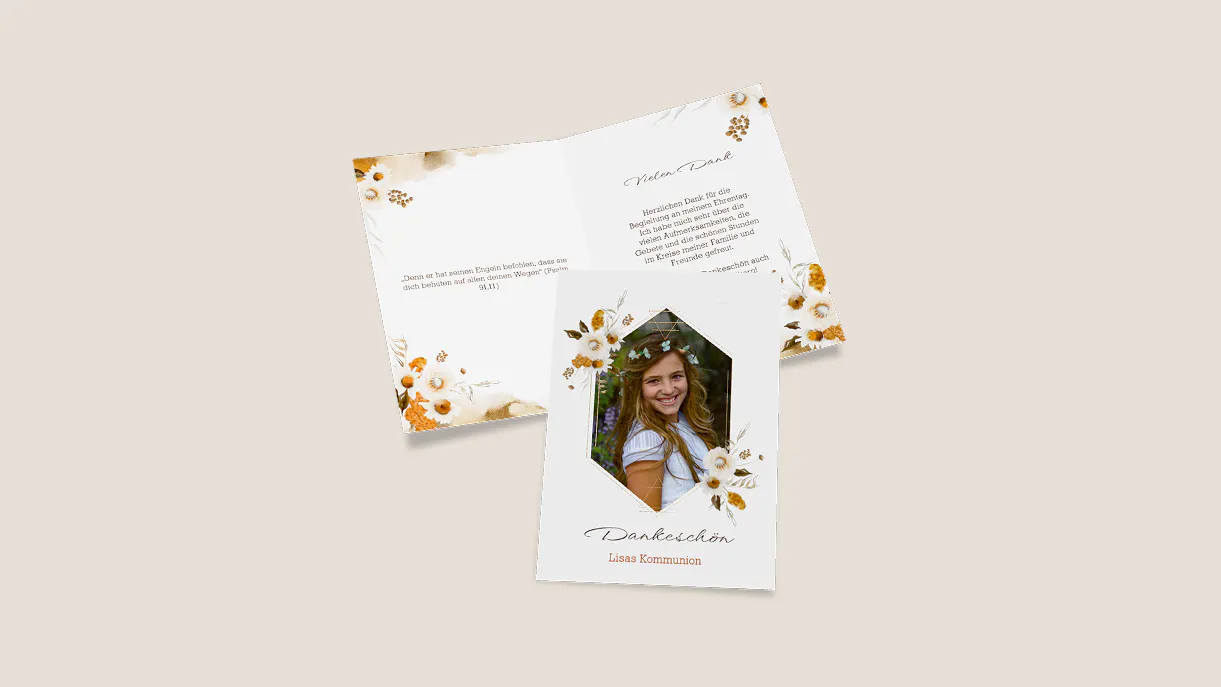 Danksagungskarte zur Kommunion mit Blumendesign Danksagungskarte zur Kommunion mit Blumendesign