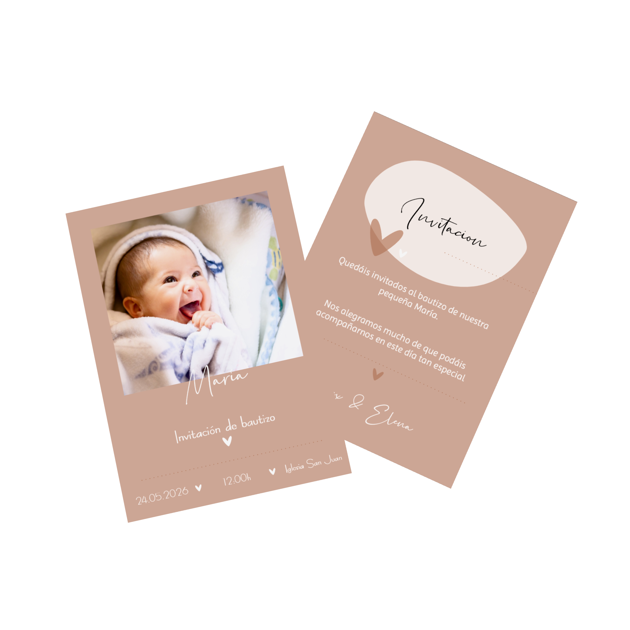 Invitación de bautizo personalizada con diseño, texto y fotos