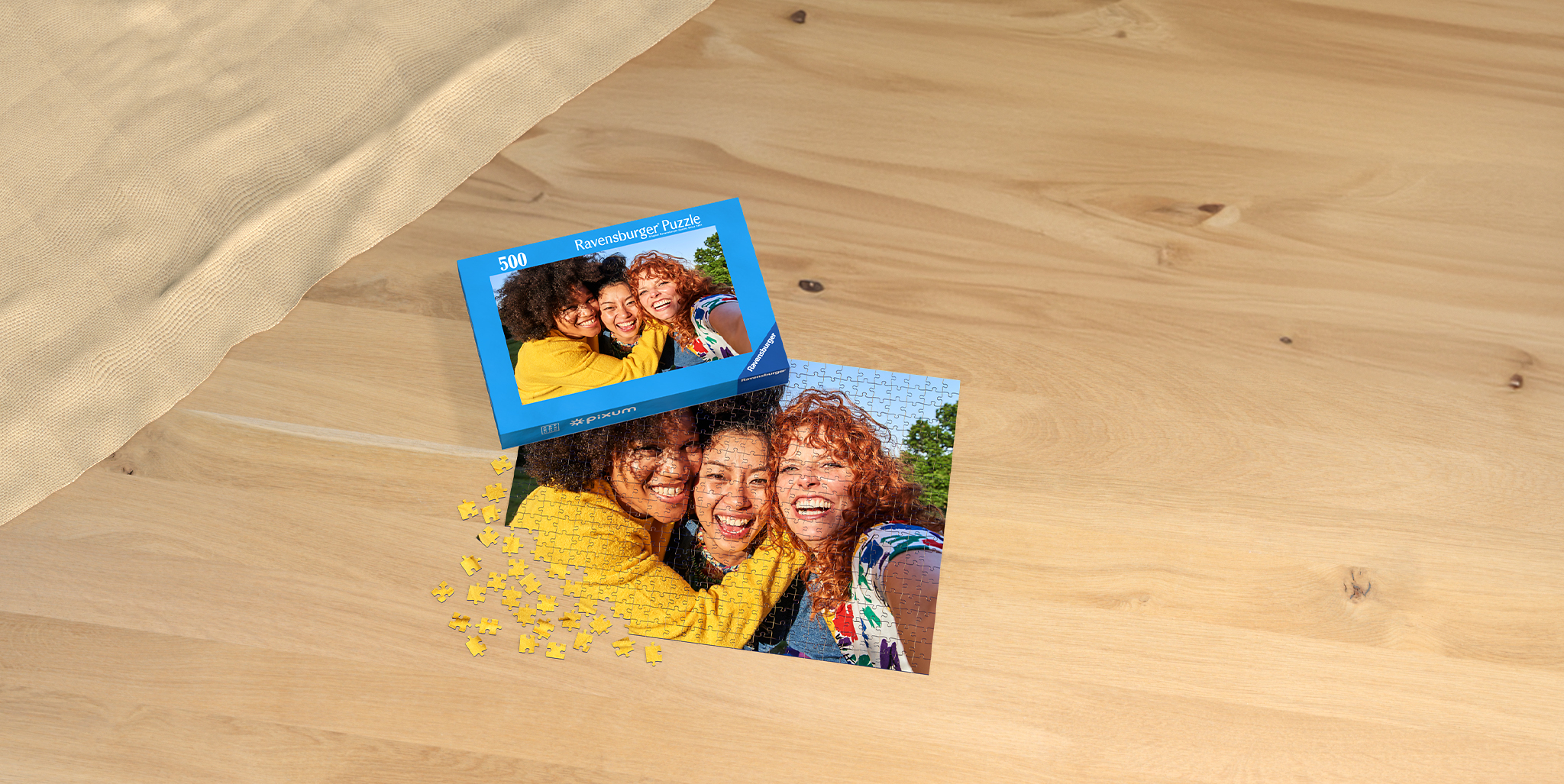 Fotopuzzel met 500 stukjes en een foto van drie vriendinnen.