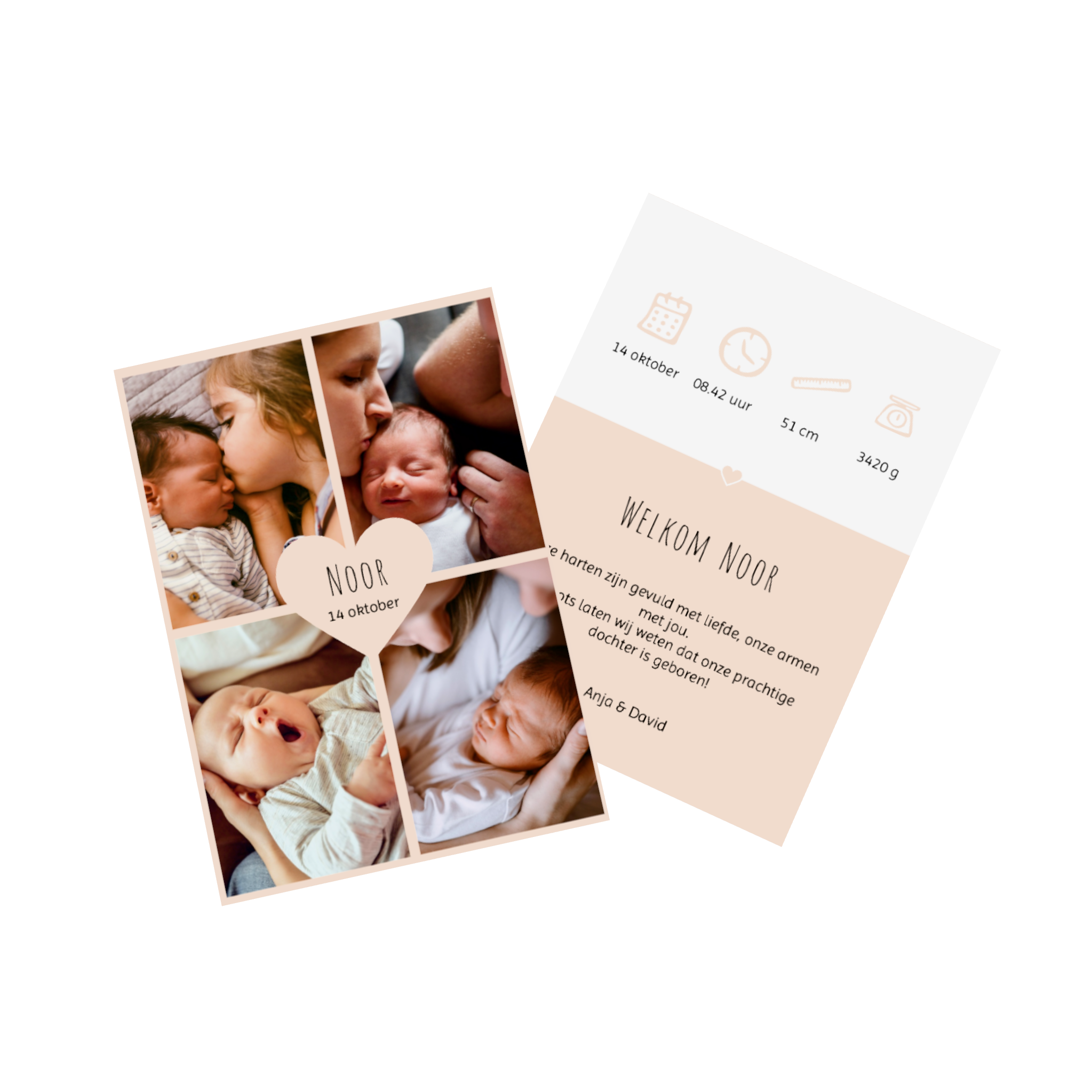 Geboortekaartje met familiefoto en informatie over de geboorte.