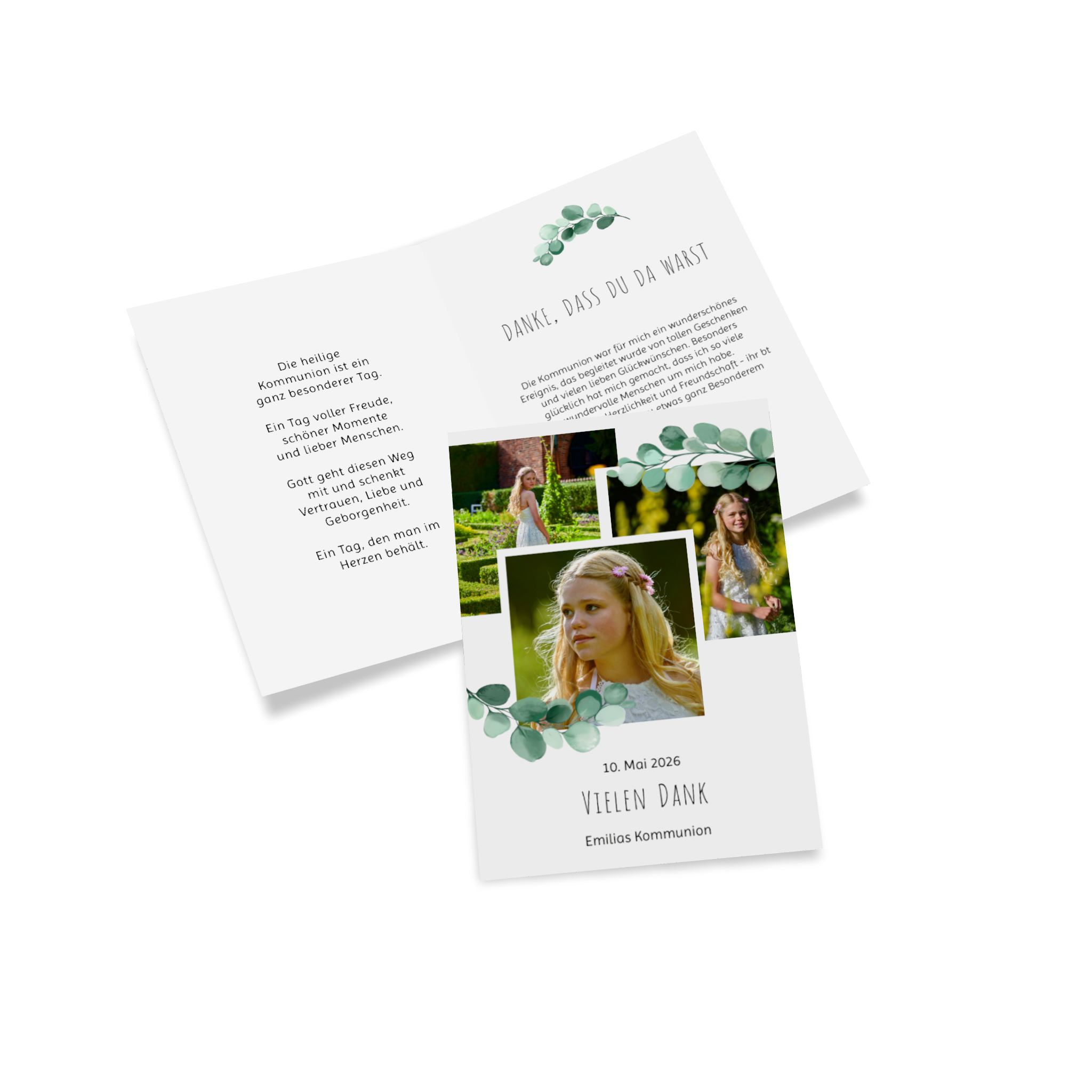 Danksagungskarte zur Kommunion mit Bildern eines Mädchen und grünen Ranken.