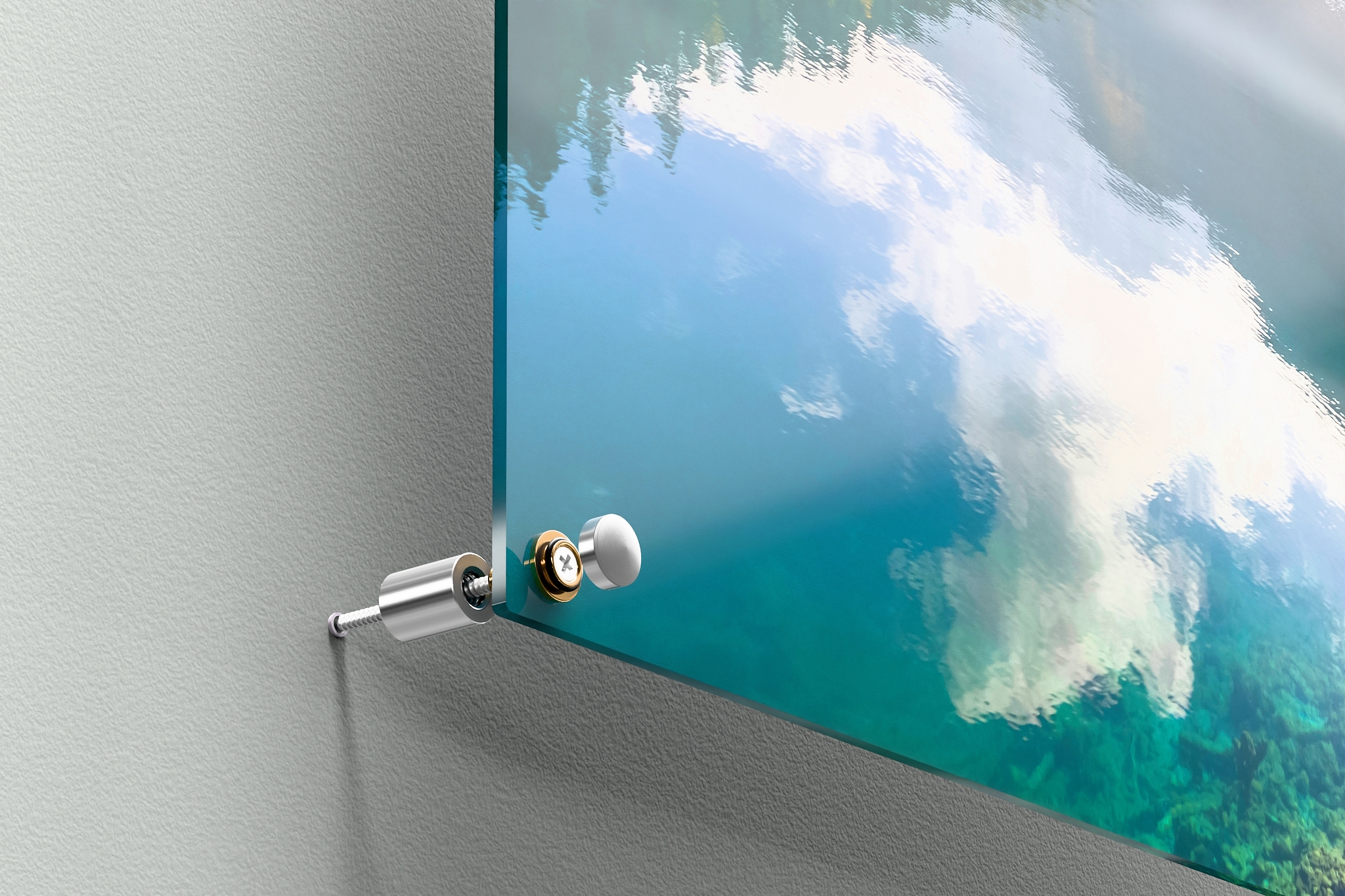 Detailansicht eines Acrylglas-Bildes mit einem Schraubsystem als Wandhalterung.