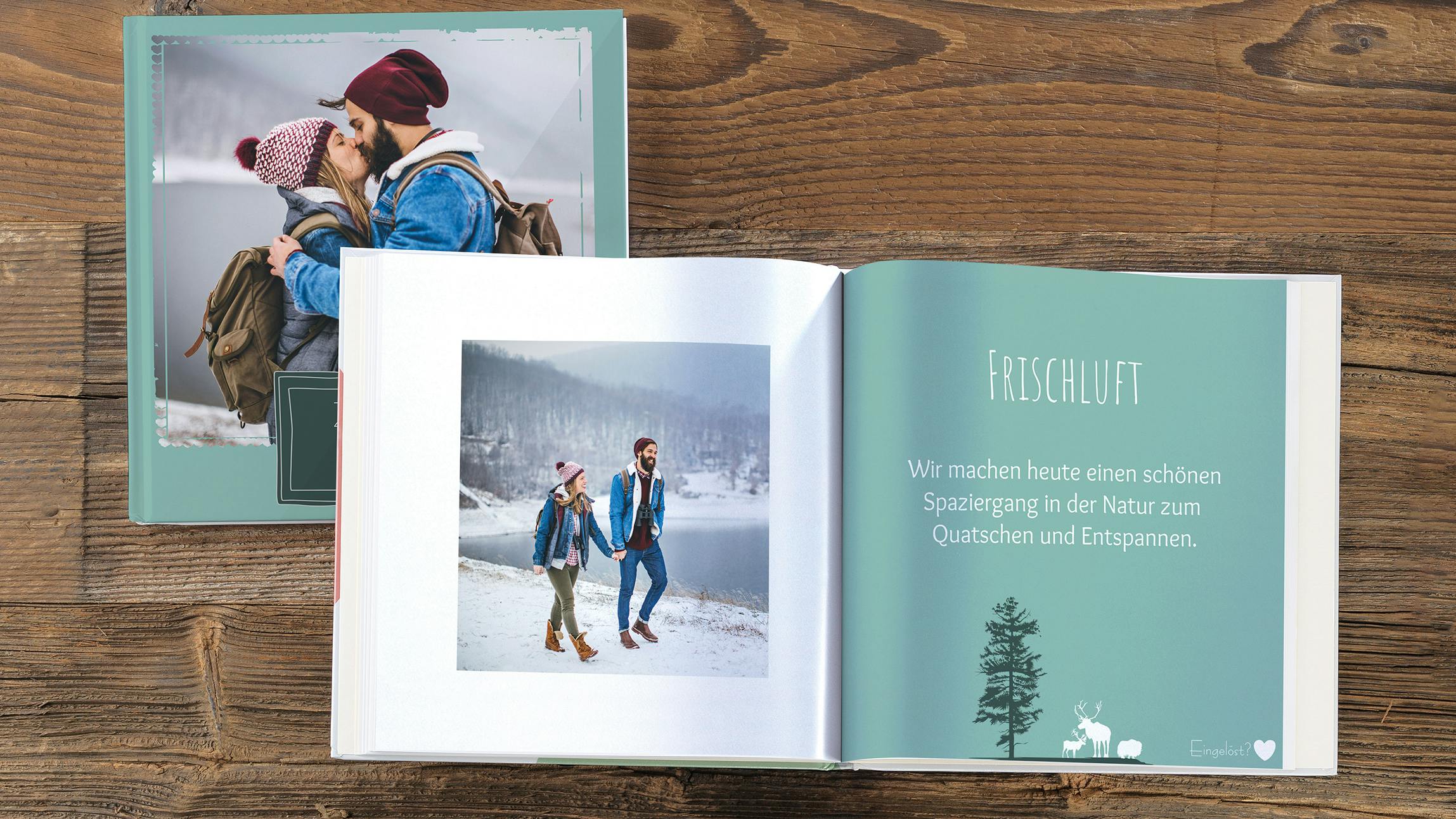 Fotobuch als Gutscheinheft mit Motiv eines jungen Paares im Winter