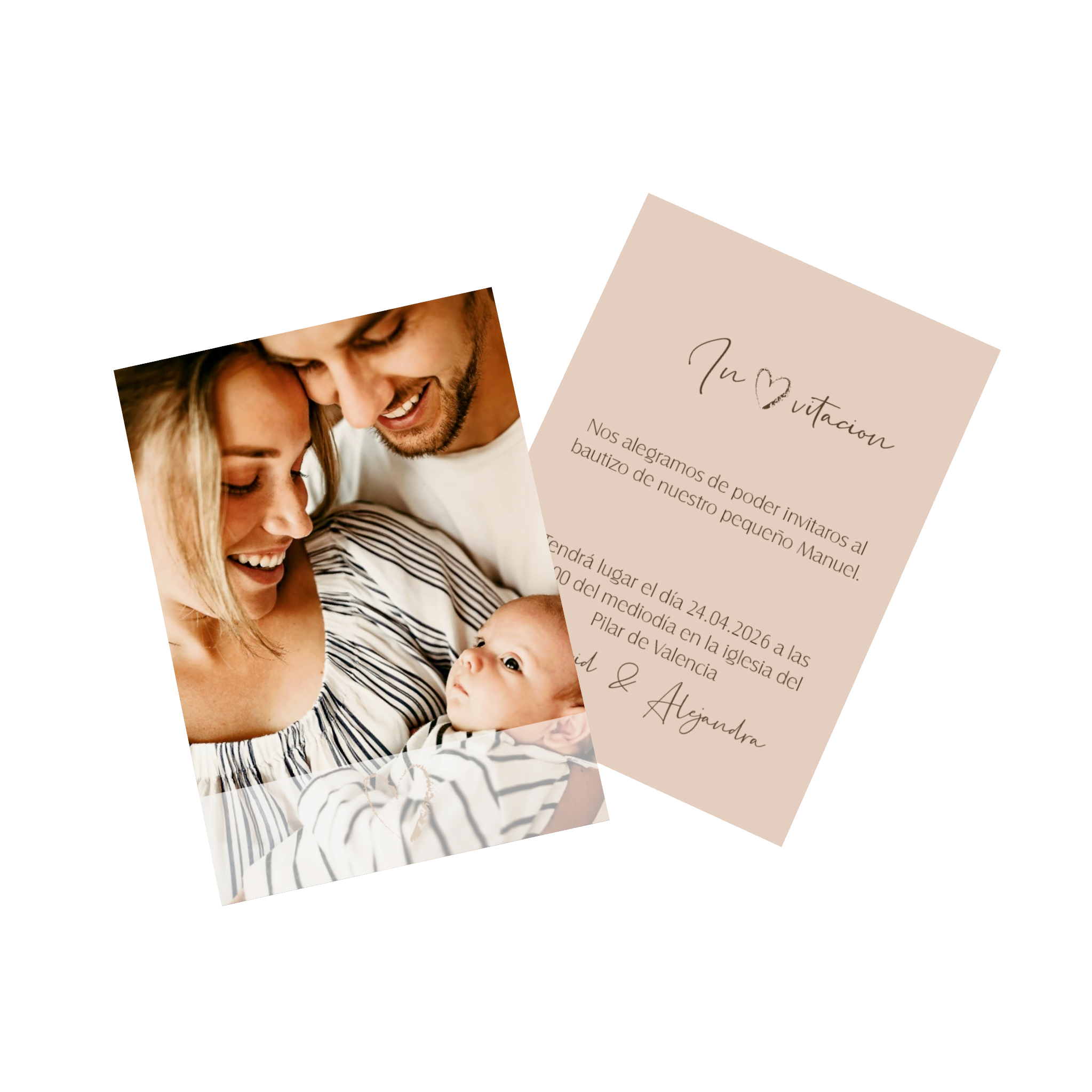 Invitación de bautizo personalizada con diseño, texto y fotos