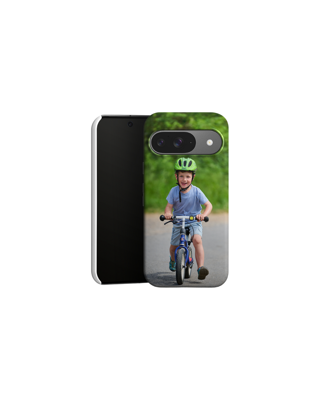 Premium-case-hoejse voor Google Pixel met een foto van een kind op een fiets erop.