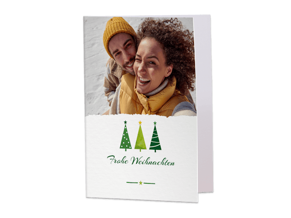 Zwei Klappkarten mit Familien- und Pärchenfotos, dem Text "Frohe Weihnachten" und einem weihnachtlichen Design