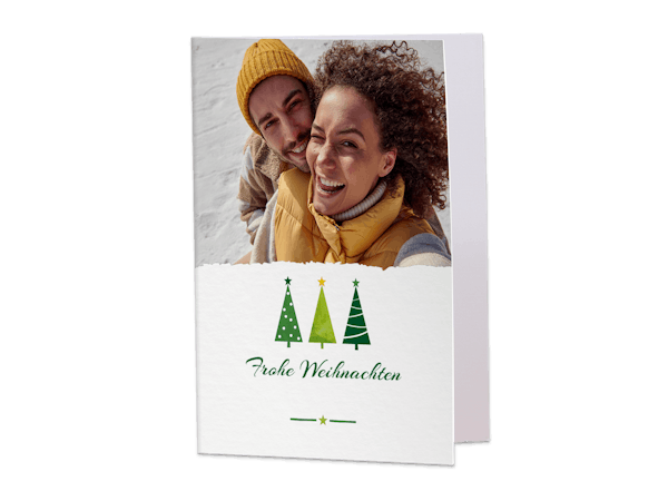 Grußkarten selbst gestalten Zwei Klappkarten mit Familien- und Pärchenfotos, dem Text "Frohe Weihnachten" und einem weihnachtlichen Design