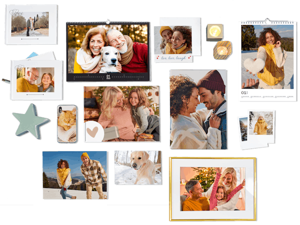 Persönliche Weihnachtsgeschenke mit deinen Fotos Mix aus Pixum Fotobuch, Wandbildern, Kalendern, Handyhüllen und Fotoabzügen mit winterlich-weihnachtlichen Motiven