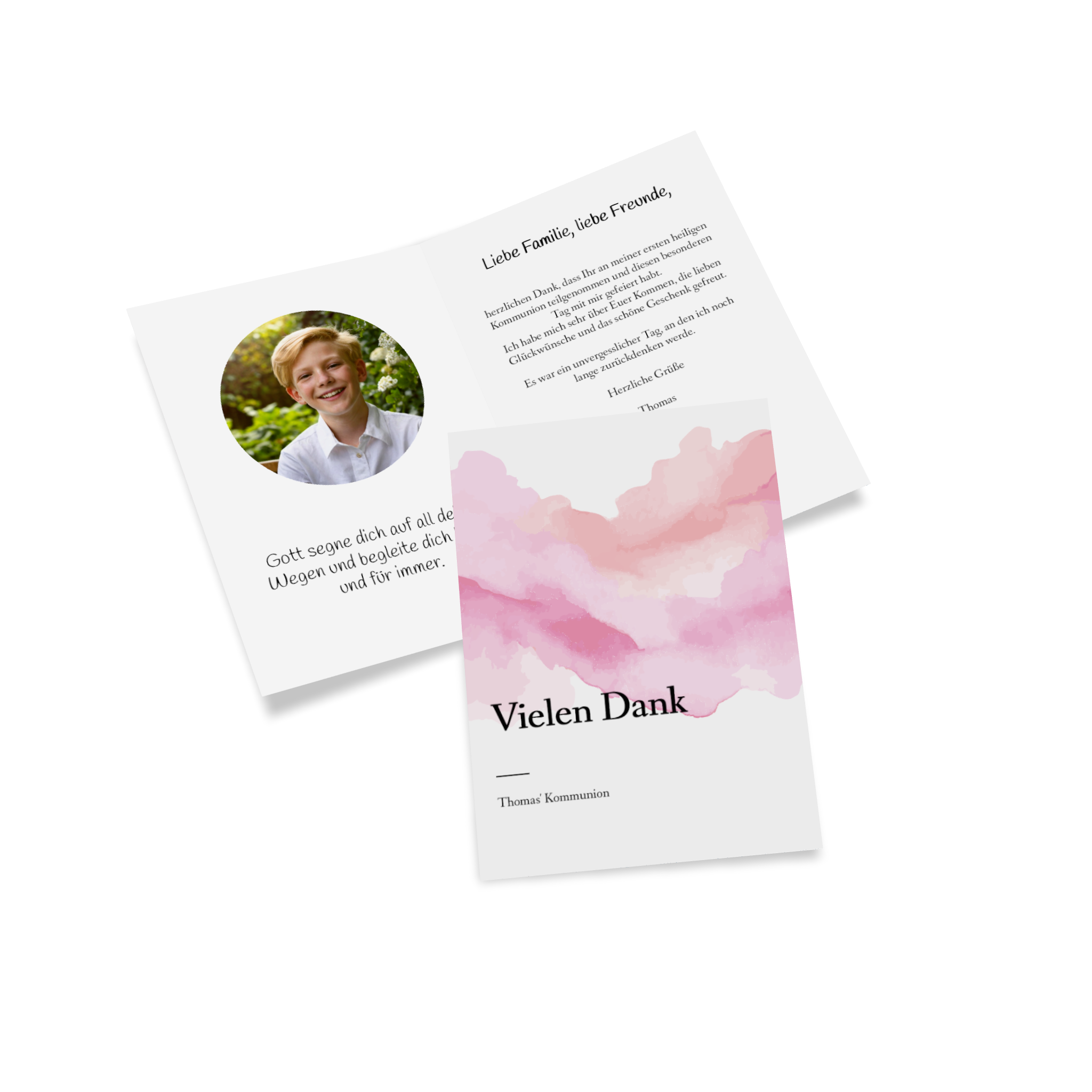 Klappkarte mit Aquarellmuster als Danksagung zur Kommunion.
