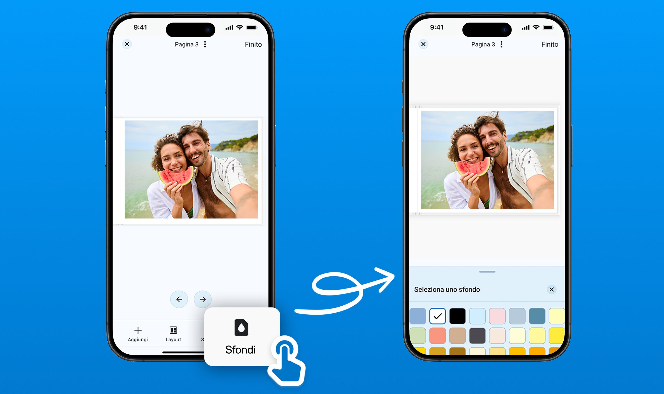 due screenshot che mostrano la modalità sfondi colorati nella app