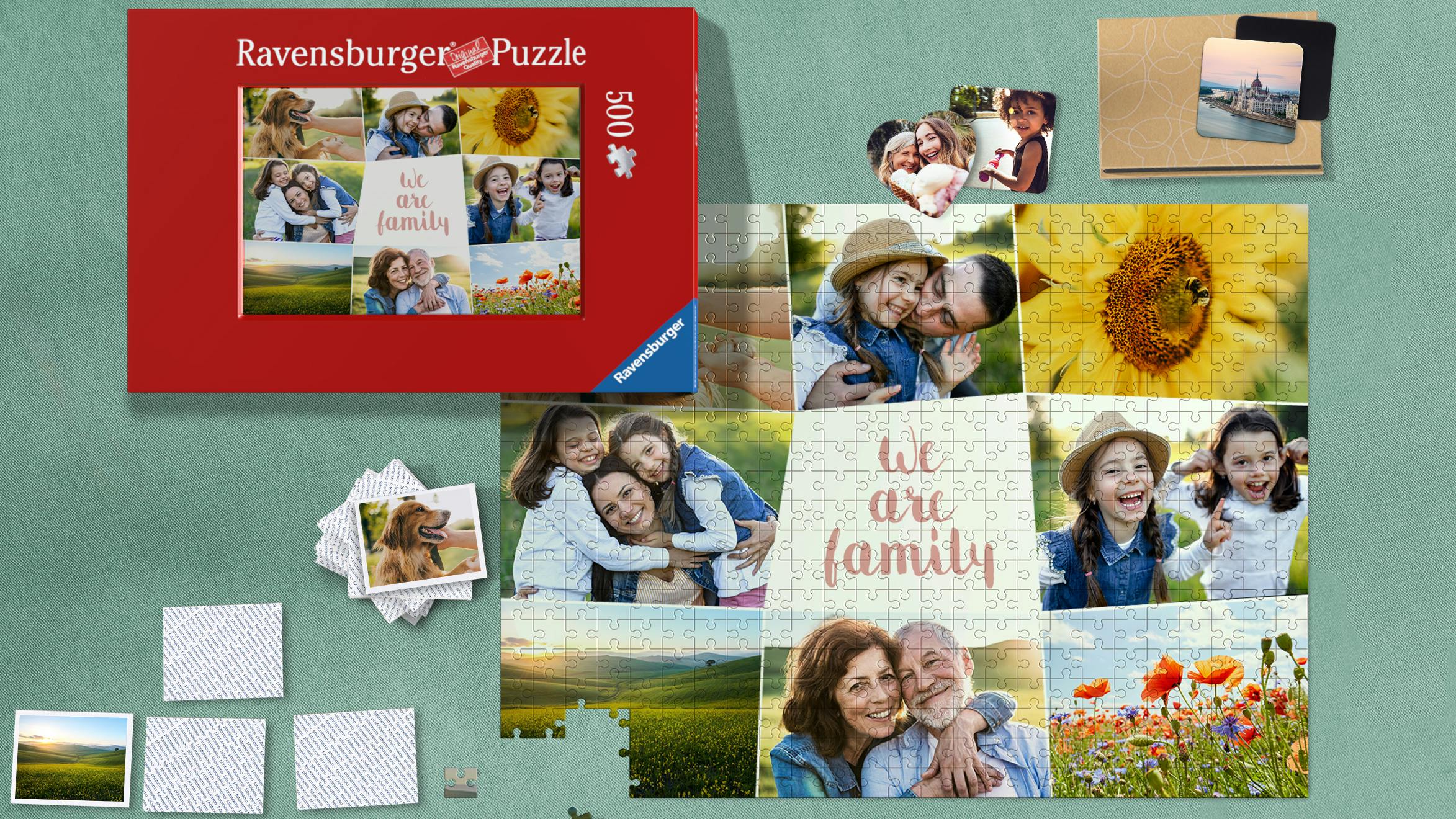 Ravensburger Fotopuzzle mit einer Collage, Foto-Memo und Fotomagnete mit frühlingshaften Motiven auf hellgrünem Hintergrund