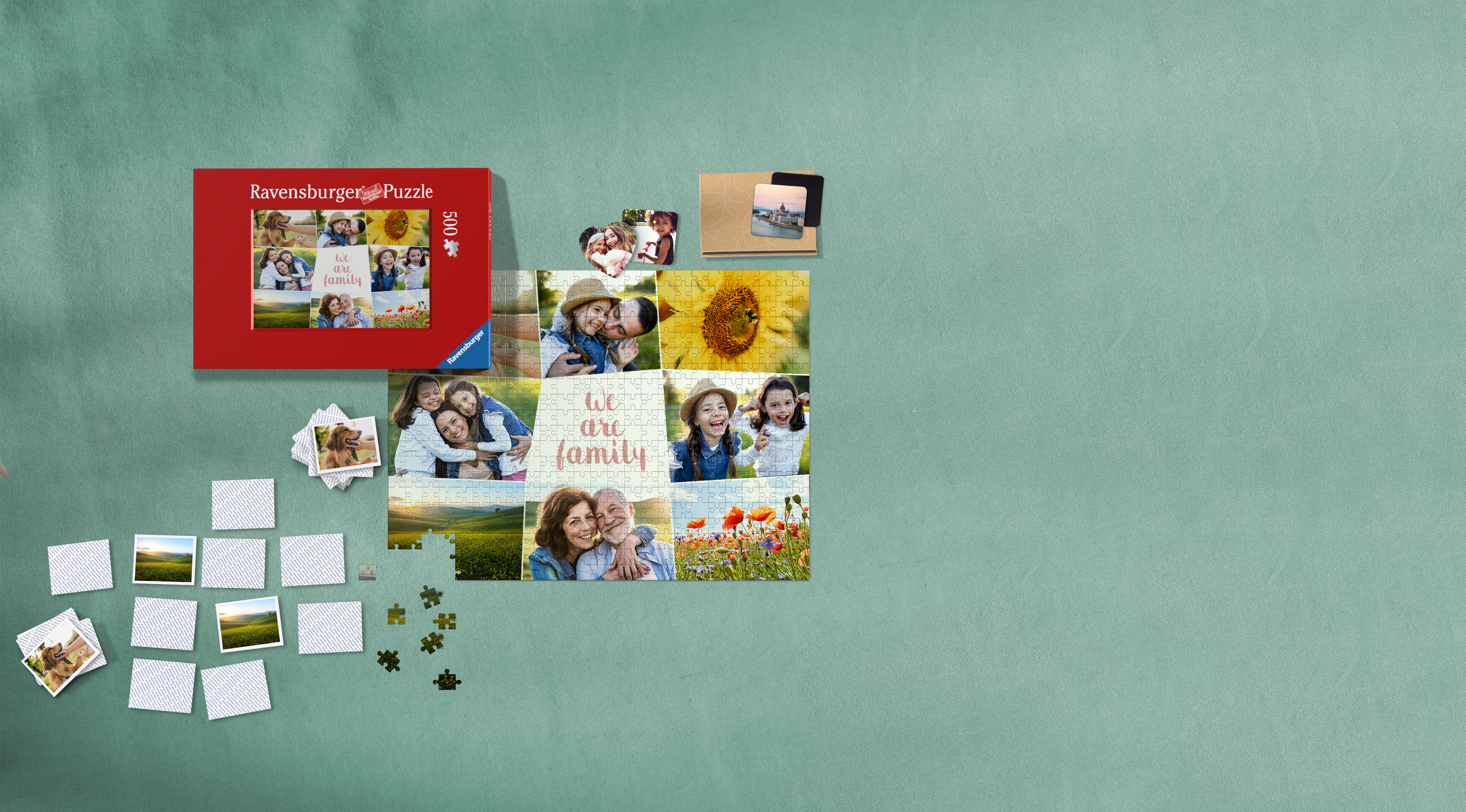 Puzzle photo Ravensburger avec un collage, un mémo photo et des aimants photo avec des motifs printaniers sur fond vert clair