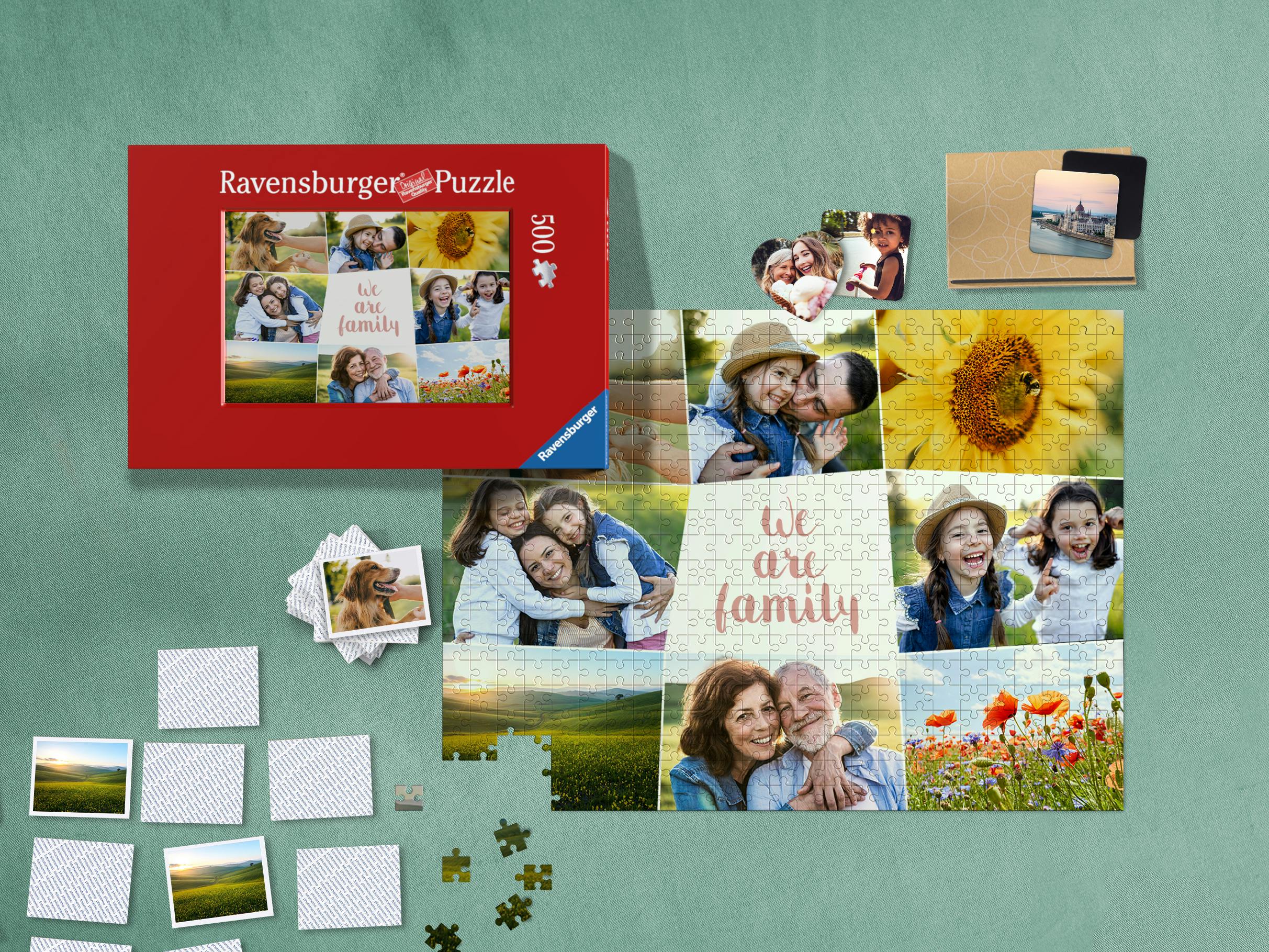Ravensburger Fotopuzzel met een collage, foto memo en fotomagneten met lente foto's op een lichtgroene achtergrond