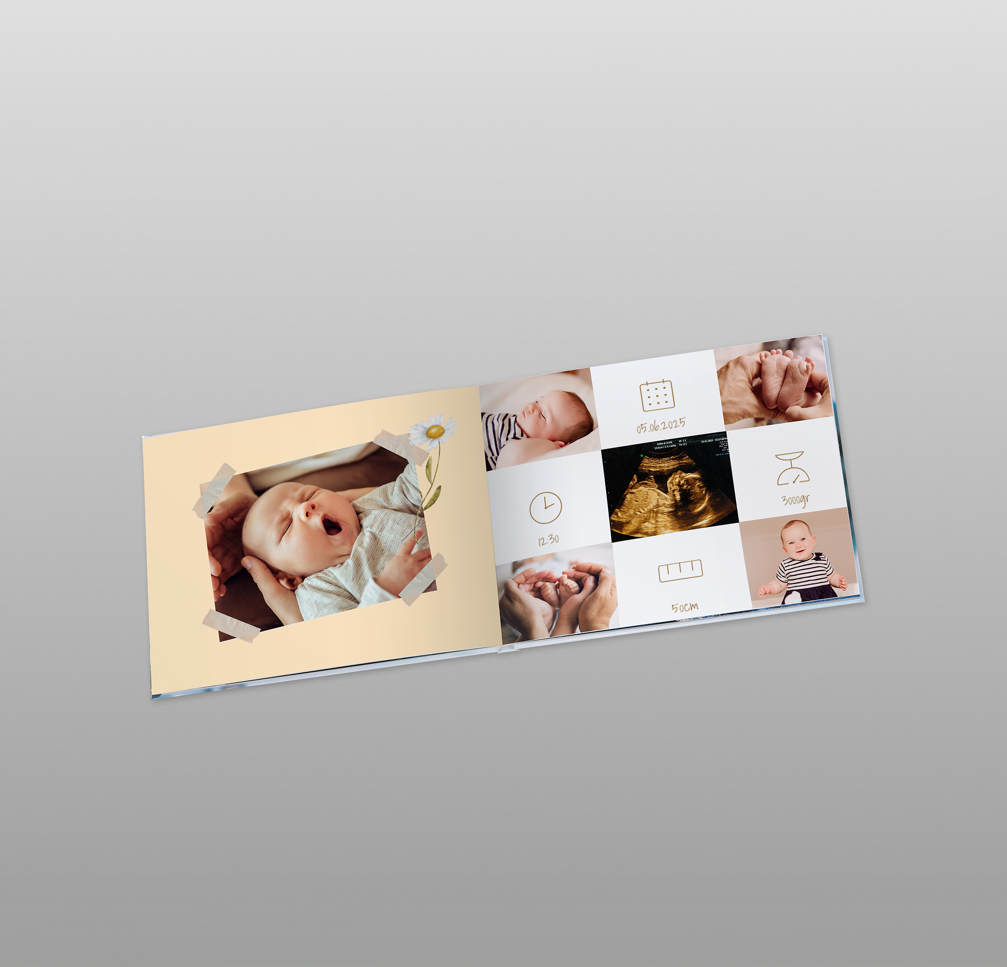 Eine Fotobuchdoppelseite ist mit Babyfotos aus dem ersten Jahr gestaltet. Die rechte Seite wurde mit fünf Fotos und fünf kleinen Cliparts gestaltet, die das Geburtsdatum, die Uhrzeit sowie Größe und Gewicht bei Geburt zeigen.