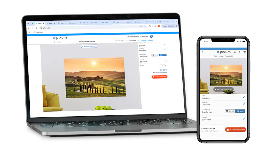 Laptop und Smartphone mit dem Gestaltungs-Screen eines Wandbildes im Online-Designer