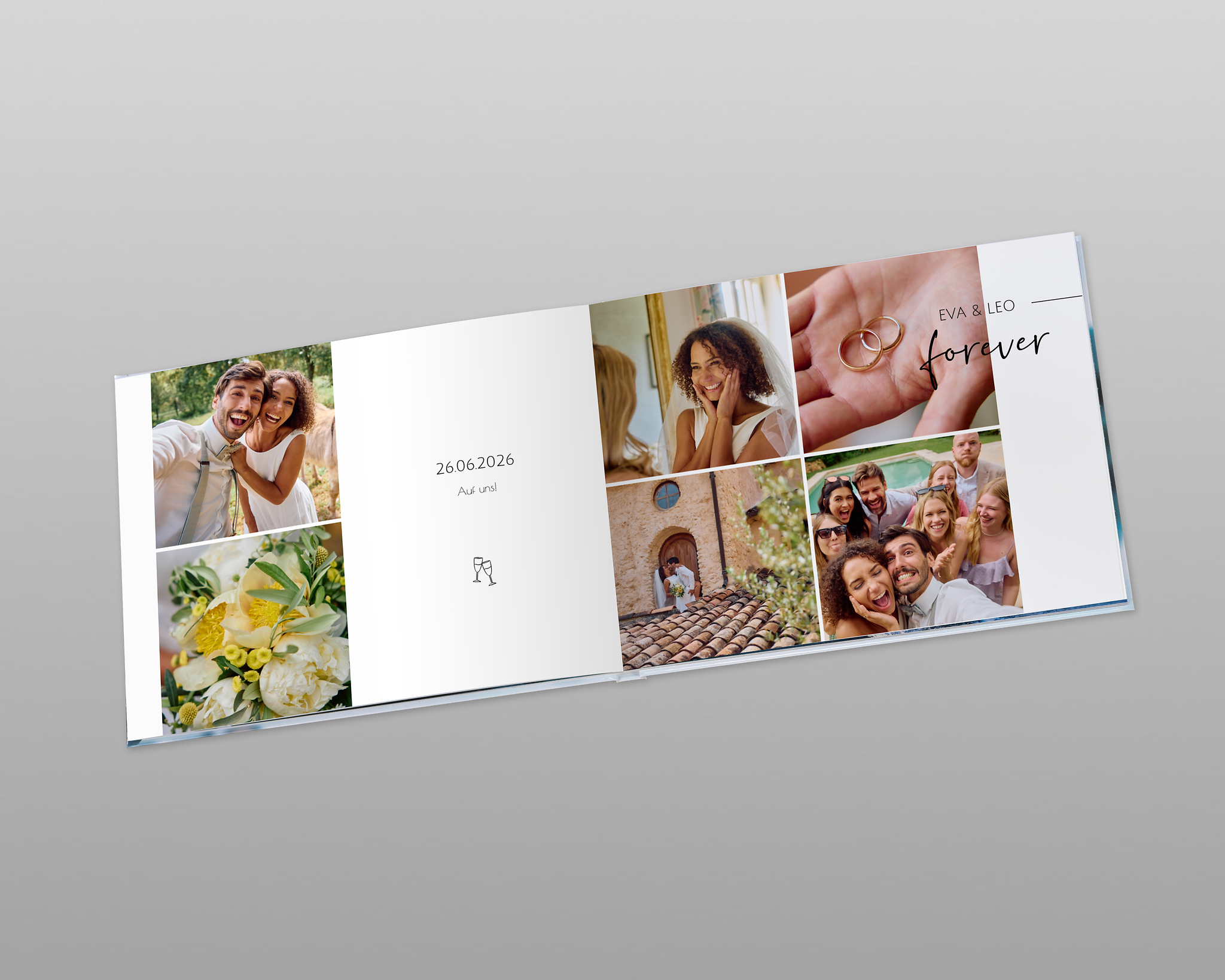  Un livre photo de mariage ouvert avec un design moderne. De petits dessins assortis et des zones de texte décorent les pages en complément des photos. 