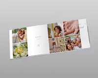 Álbum de fotos de boda con el diseño «Wonderful Wedding» Álbum de fotos de boda desplegable con un diseño moderno. Pequeños dibujos a juego y cuadros de texto adornan las páginas, además de las fotos.