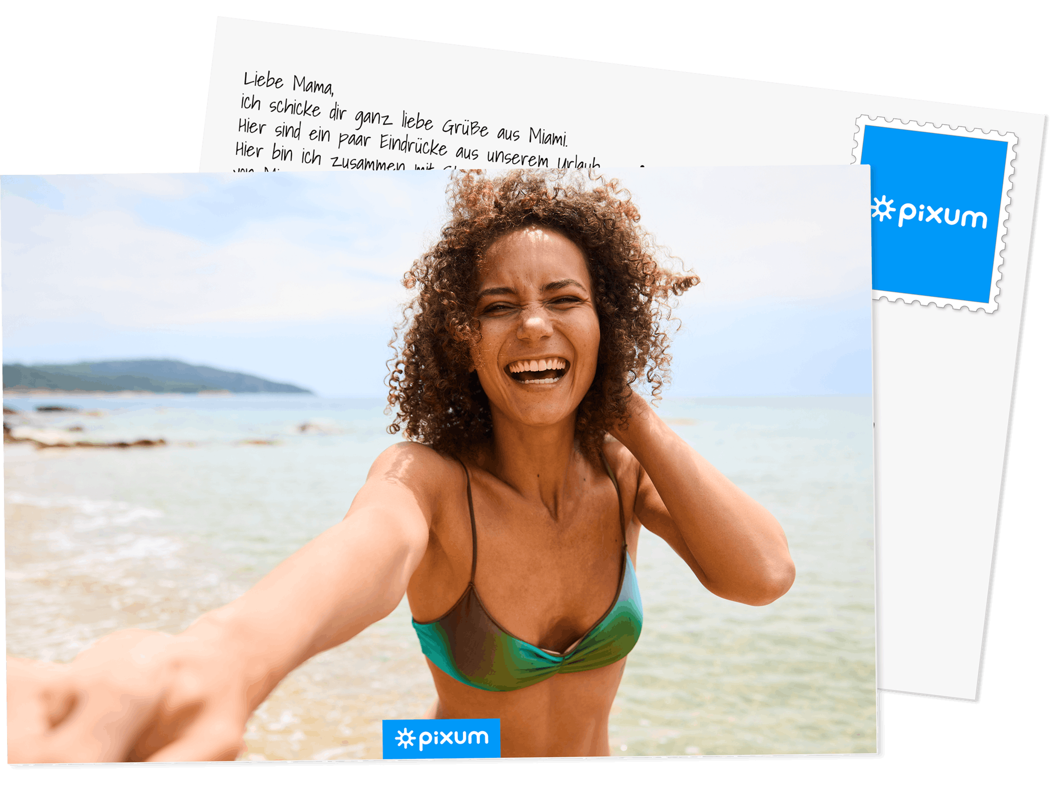 Pixum Postkarte mit einem Foto einer Frau am Strand