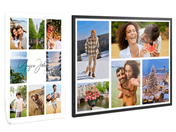 Zwei Poster sind nebeneinander platziert. Sie sind mit Jahresrückblick-Collagen gestaltet.