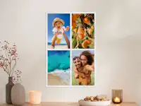 Póster fotográfico con un collage de fotos familiares Sobre una cómoda cuelga un póster con un collage de fotos familiares.