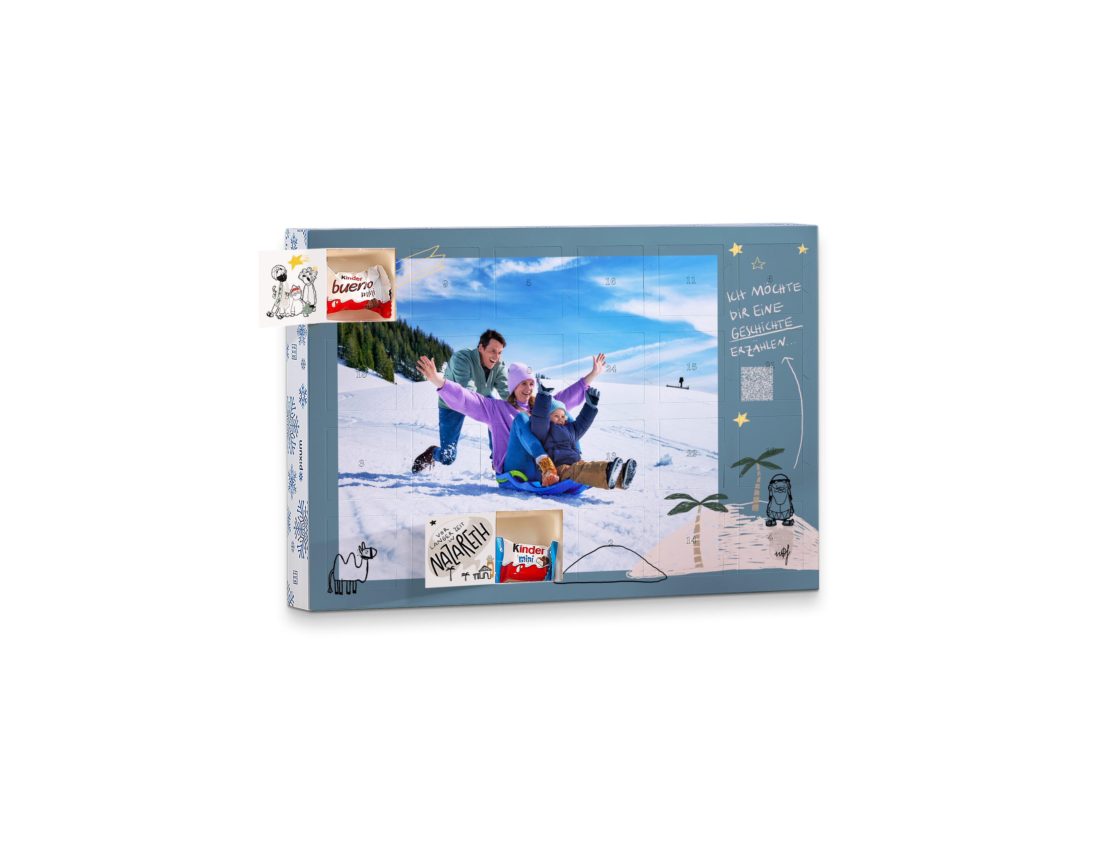 Pixum Adventskalender mit Schokolade von kinder und Illustrationen der Weihnachtsgeschichte