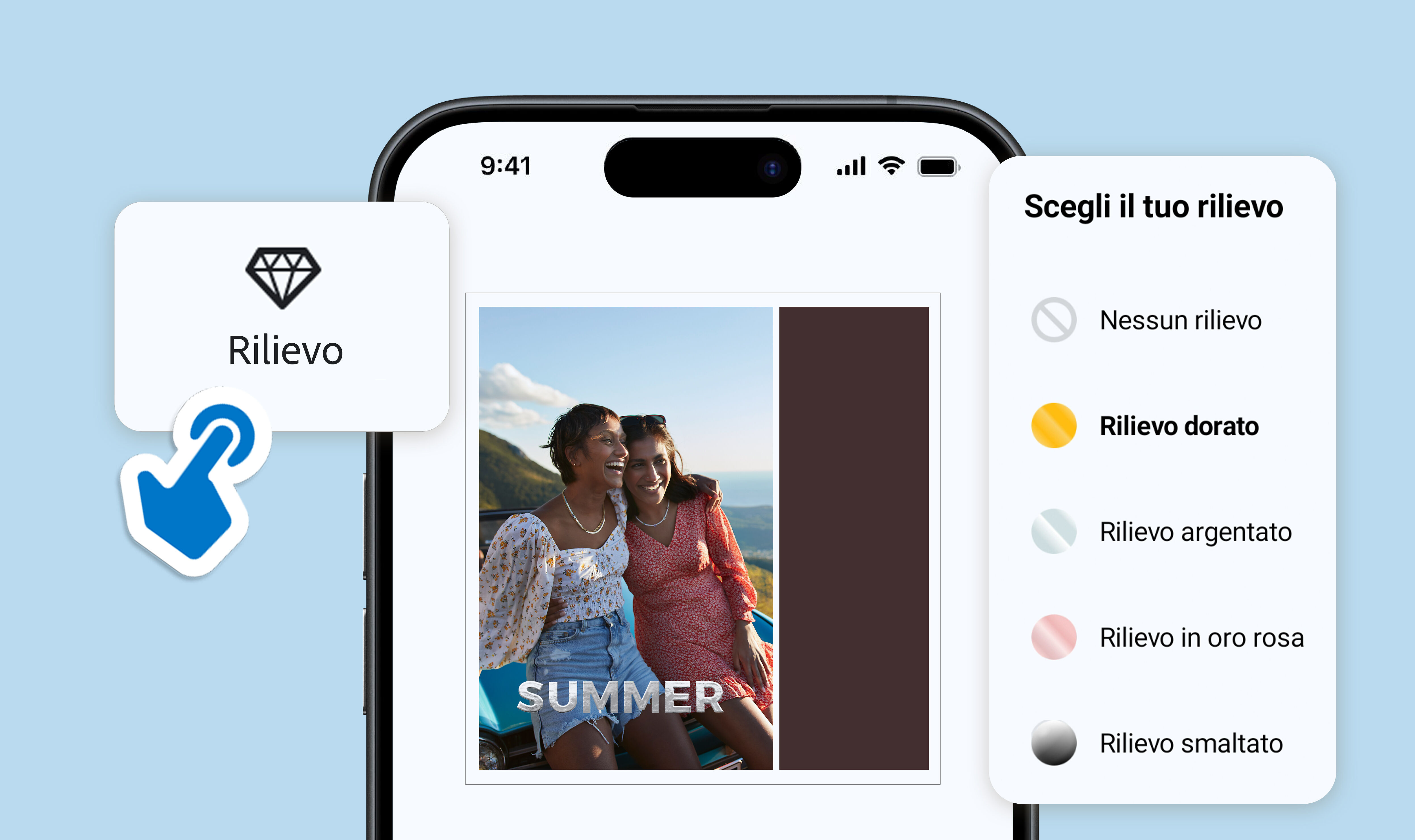 Uno screenshot della Pixum App mostra la funzione scritte in rilievo