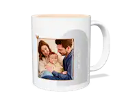 Fototasse mit Love Design Fototasse mit grau-beigem Design und dem Schriftzug "love"