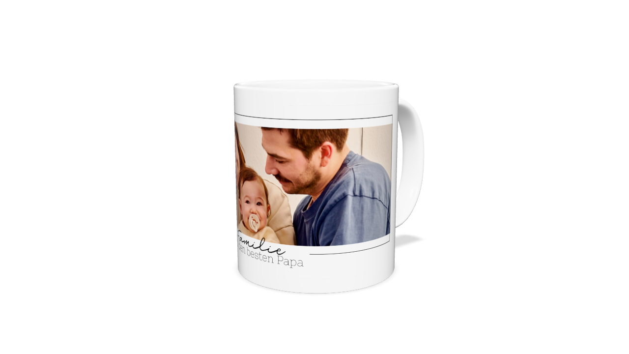 Fototasse mit grossem Fotos unter dem "Familie" und ein personalisierter Text steht.