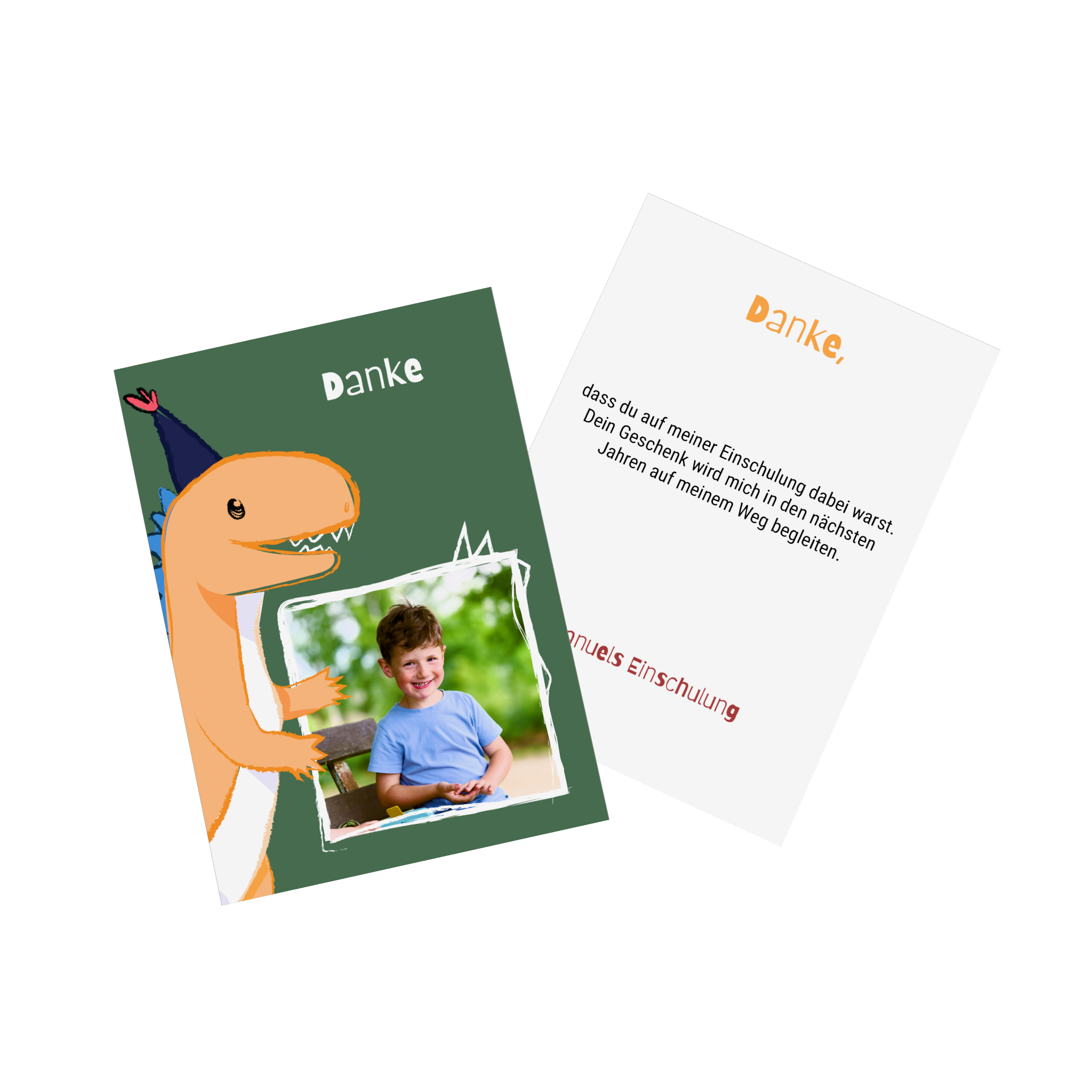 Dankeskarte zur Einschulung mit Dino Design und Foto auf der Vorderseite sowie personalisiertem Text auf der Rückseite.