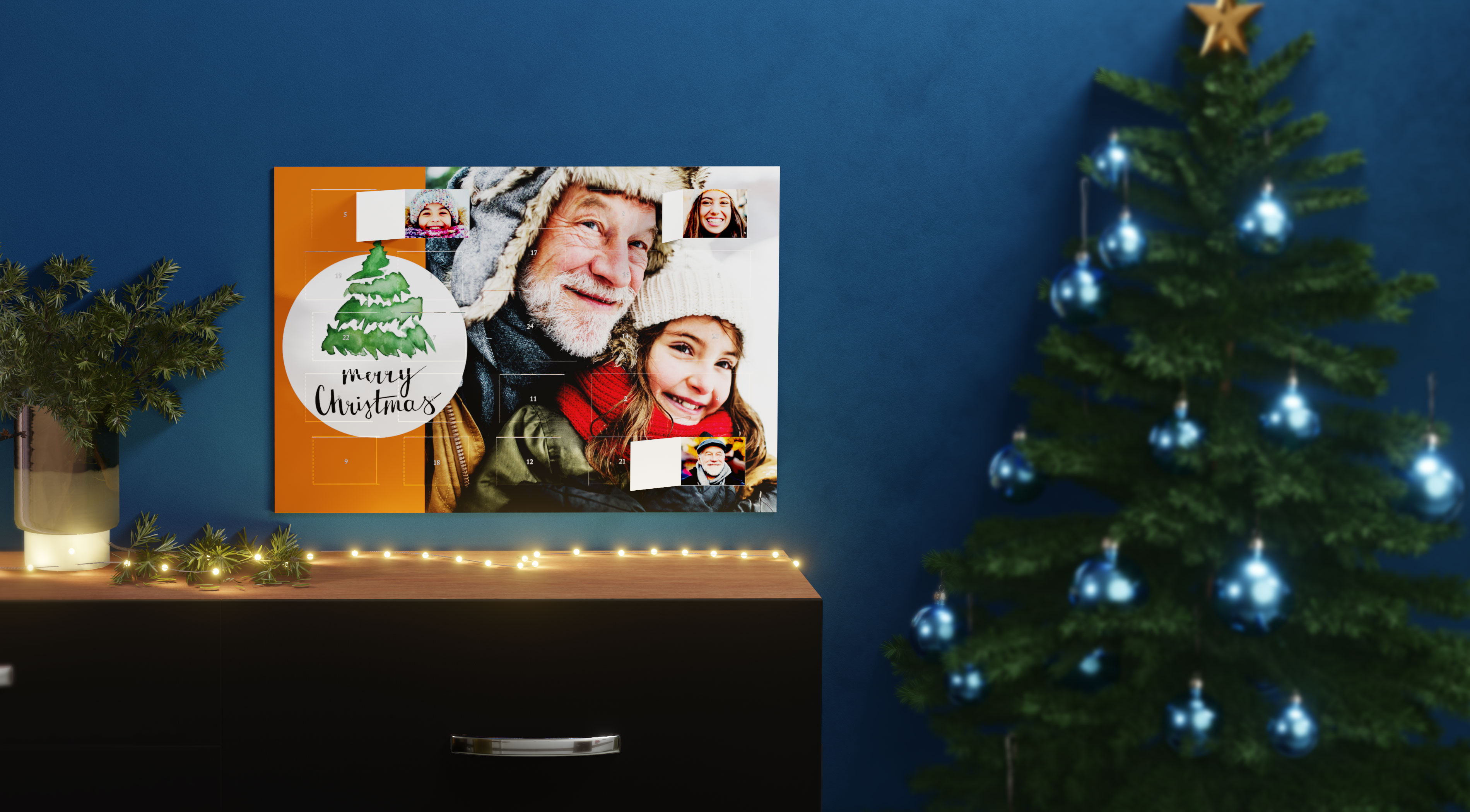 Julekalender med fotos bag lågerne med motiv af en bedstefar med sit barnebarn i sneen