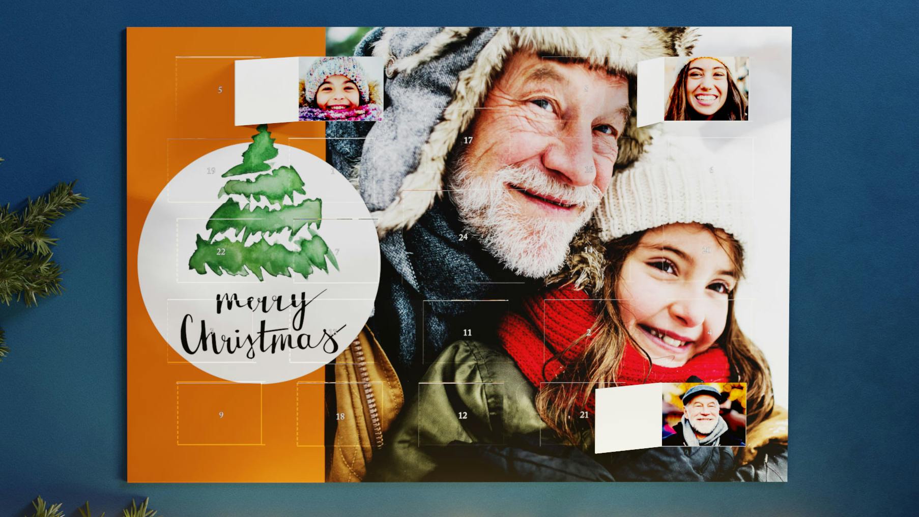Calendario de Adviento personalizado con fotos de un abuelo con su nieta en la nieve