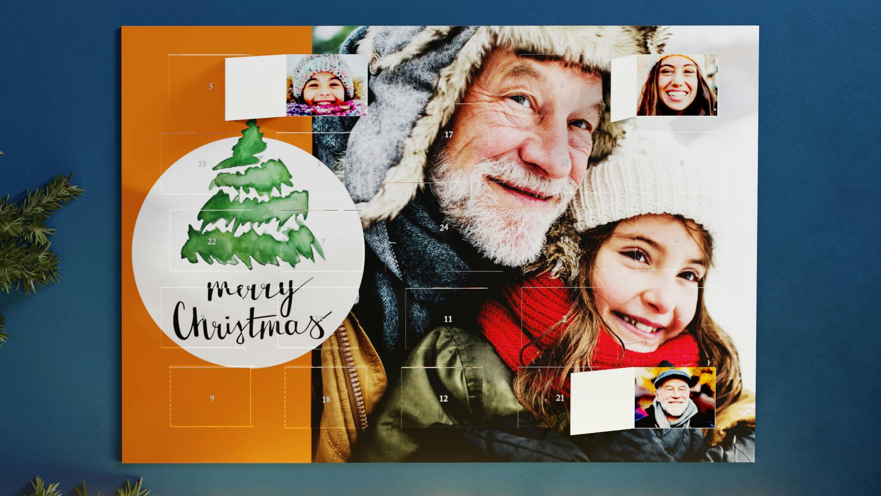 Adventskalender mit Türchenbildern Adventskalender mit Fotos in den Türchen und einem Bild von einem Großvater und seiner Enkelin im Schnee