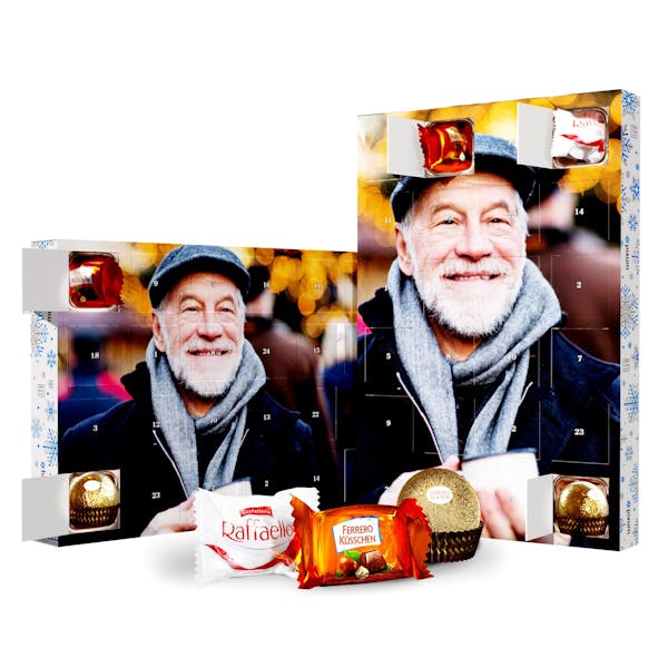 Calendario dell'Avvento personalizzato con cioccolatini Ferrero e foto di un uomo che ride