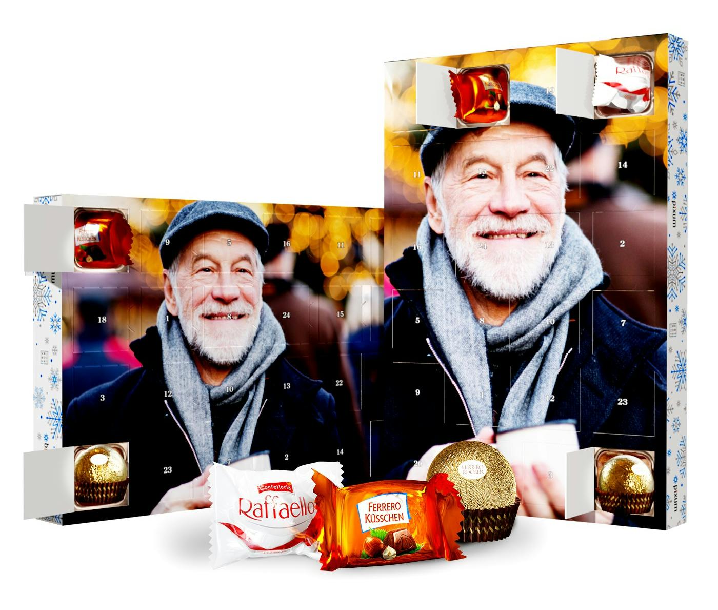 Julekalender med chokolade fra Ferrero, coveret er printet med en ældre man der smiler