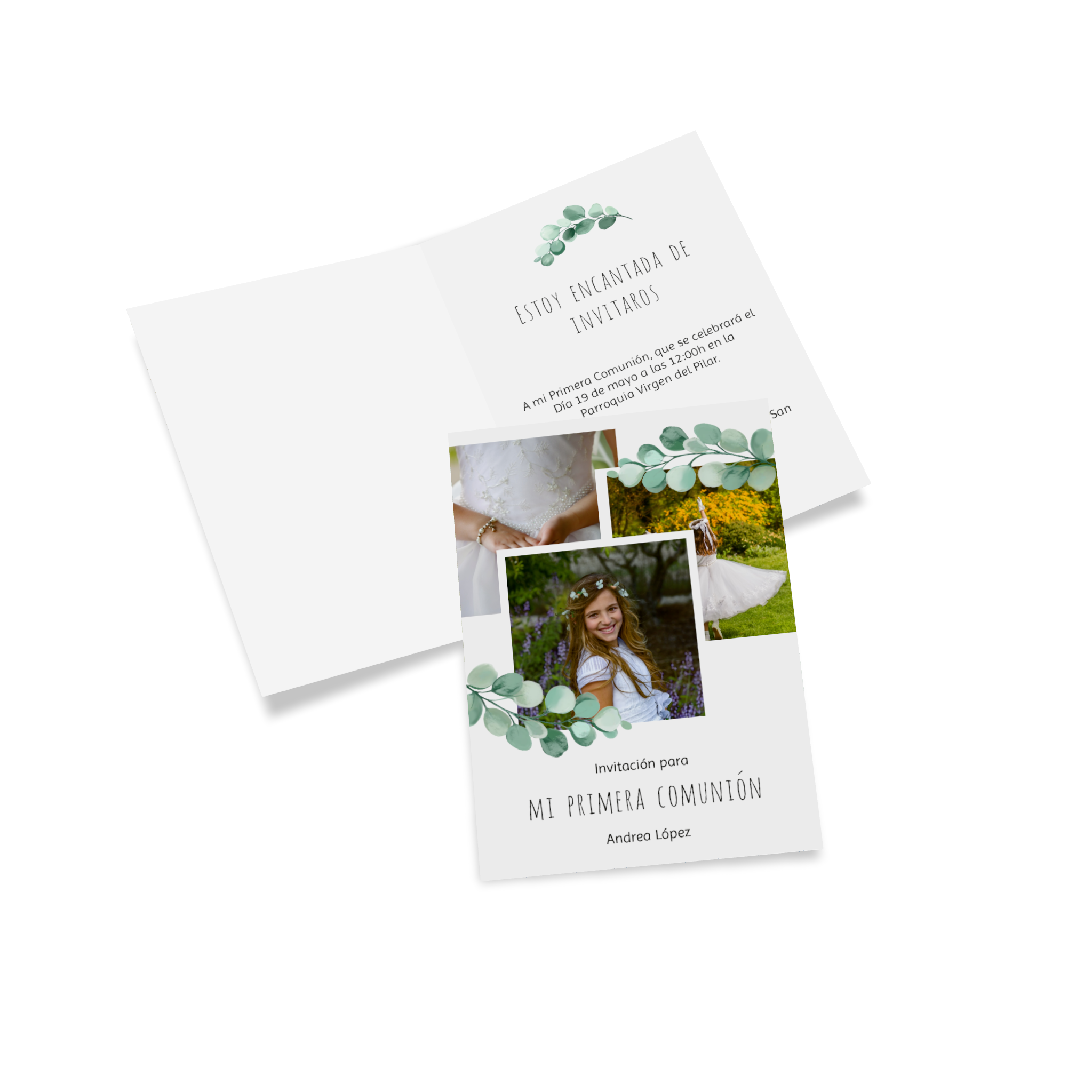 Tarjeta plegable como invitación de comunión personalizada con la foto de una niña