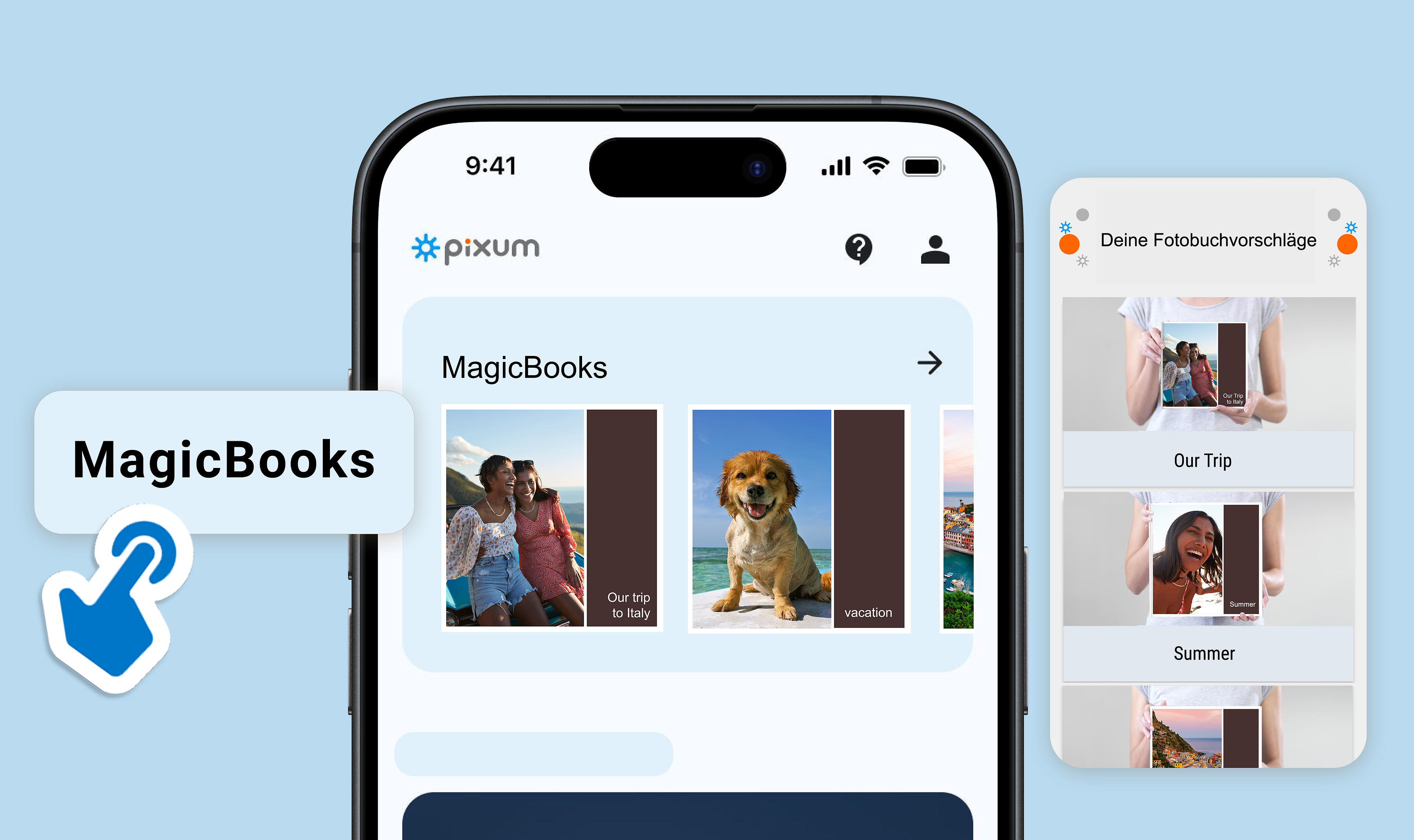 Pixum Fotobuch mit Familienbildern, neben dem ein Handy mit der Pixum App liegt