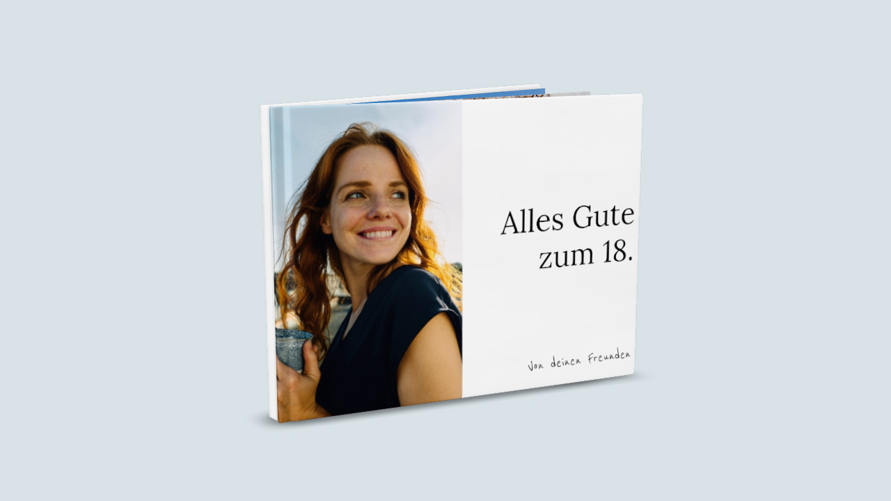 Fotobuch zum 18. Geburtstag mit dem Foto des Geburtstagskindes und einem persönlichen Titel.