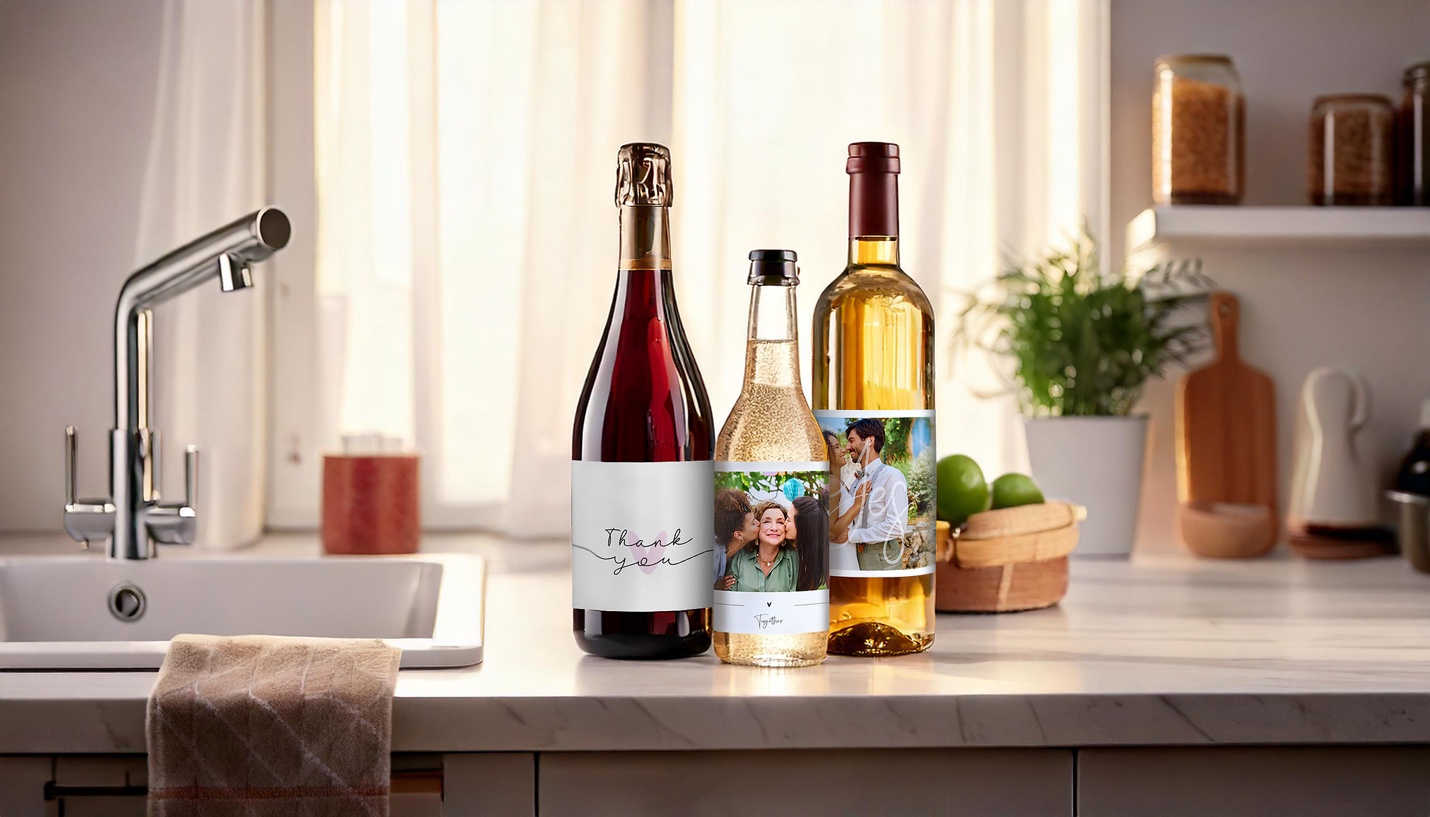 Drei Flaschen in verschiedenen Größen mit Foto-Etiketten im Ambiente