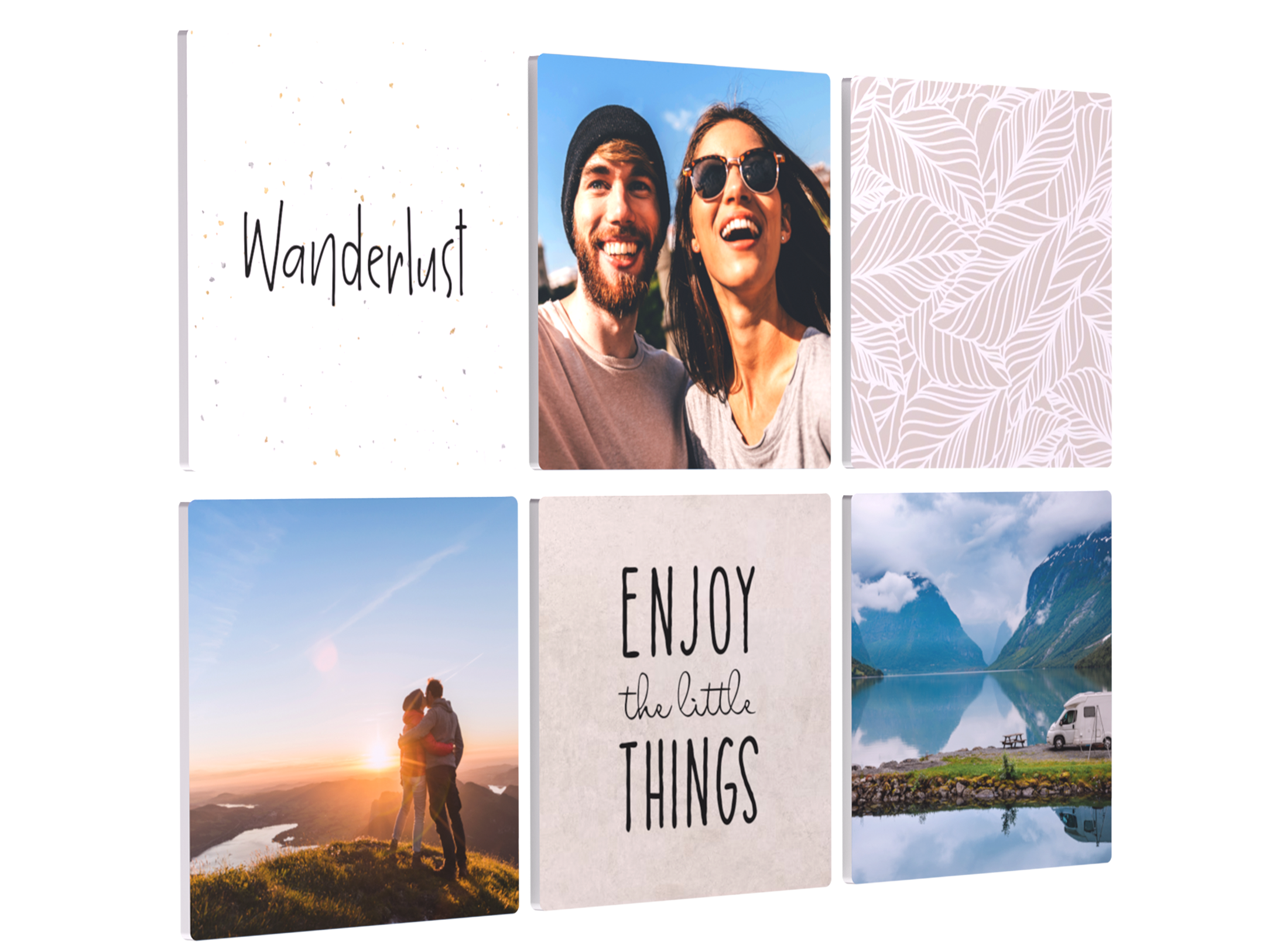 Sechs quadratische Bilder mit Urlaubsfotos und Texten, harmonisch aufeinander abgestimmt.