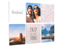 Sechs quadratische Bilder mit Urlaubsfotos und Texten, harmonisch aufeinander abgestimmt.