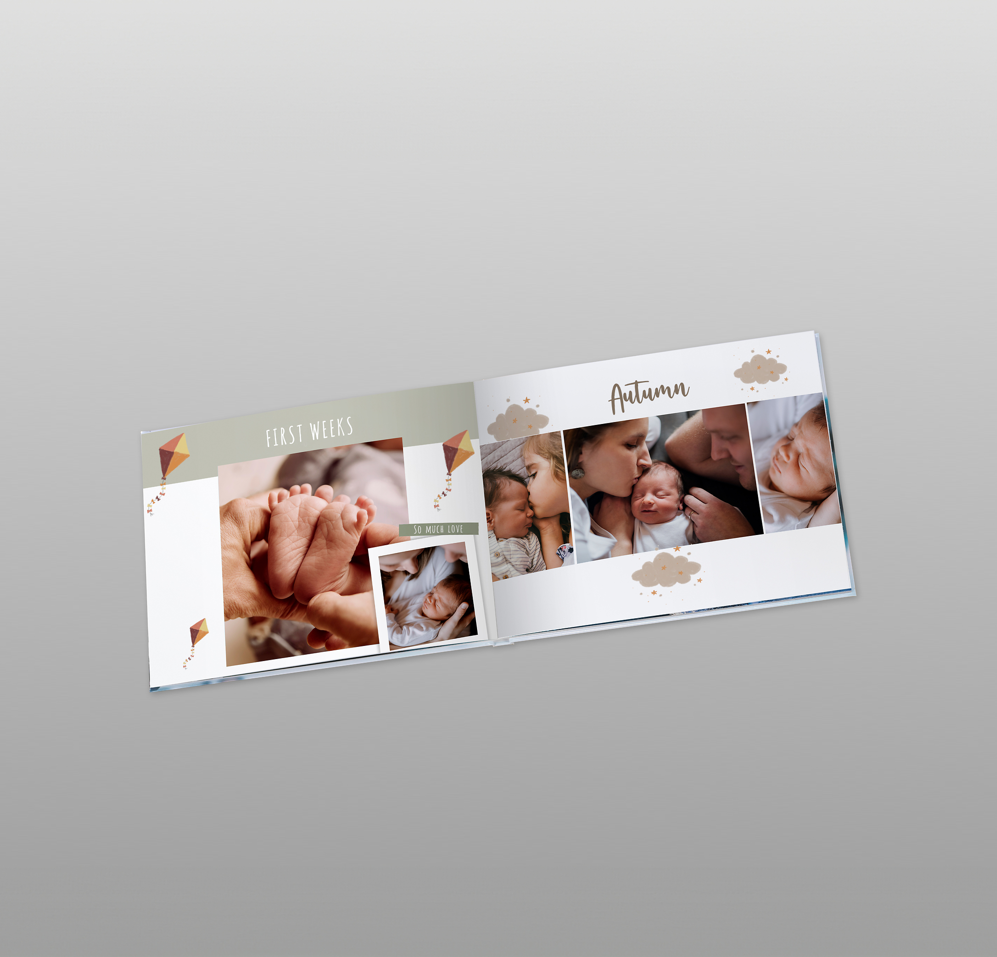 Ein Babyalbum mit verschiedenen Familienfotos vom ersten gemeinsamen Herbst mit dem Baby. Die Seite ist mit passenden herbstlichen Cliparts gestaltet. 