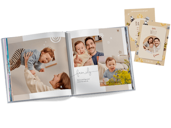 Pixum Fotobuch mit Kinderbildern und eine Karte mit Einsteckfoto mit einem Kinderdesign