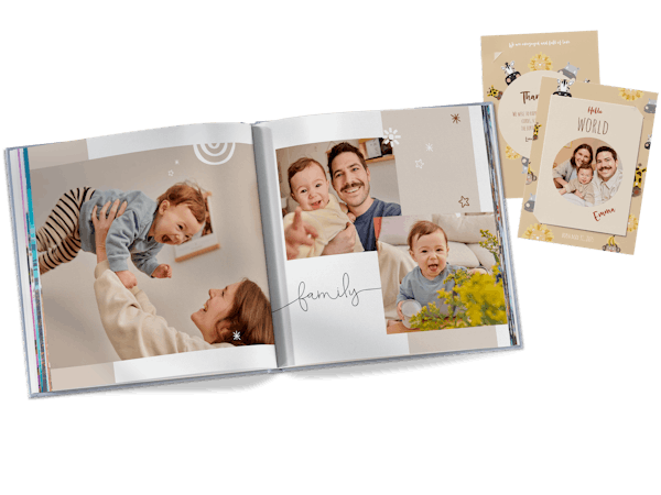 Idées pour vos photos de grossesse Livre photo Pixum avec des photos d'enfants et un faire-part avec photo détachable