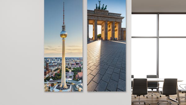 Pixum - Ihre Druckprofis Fotos des Berliner Fernsehturms und Brandenburger Tors auf Forex in einem Büro