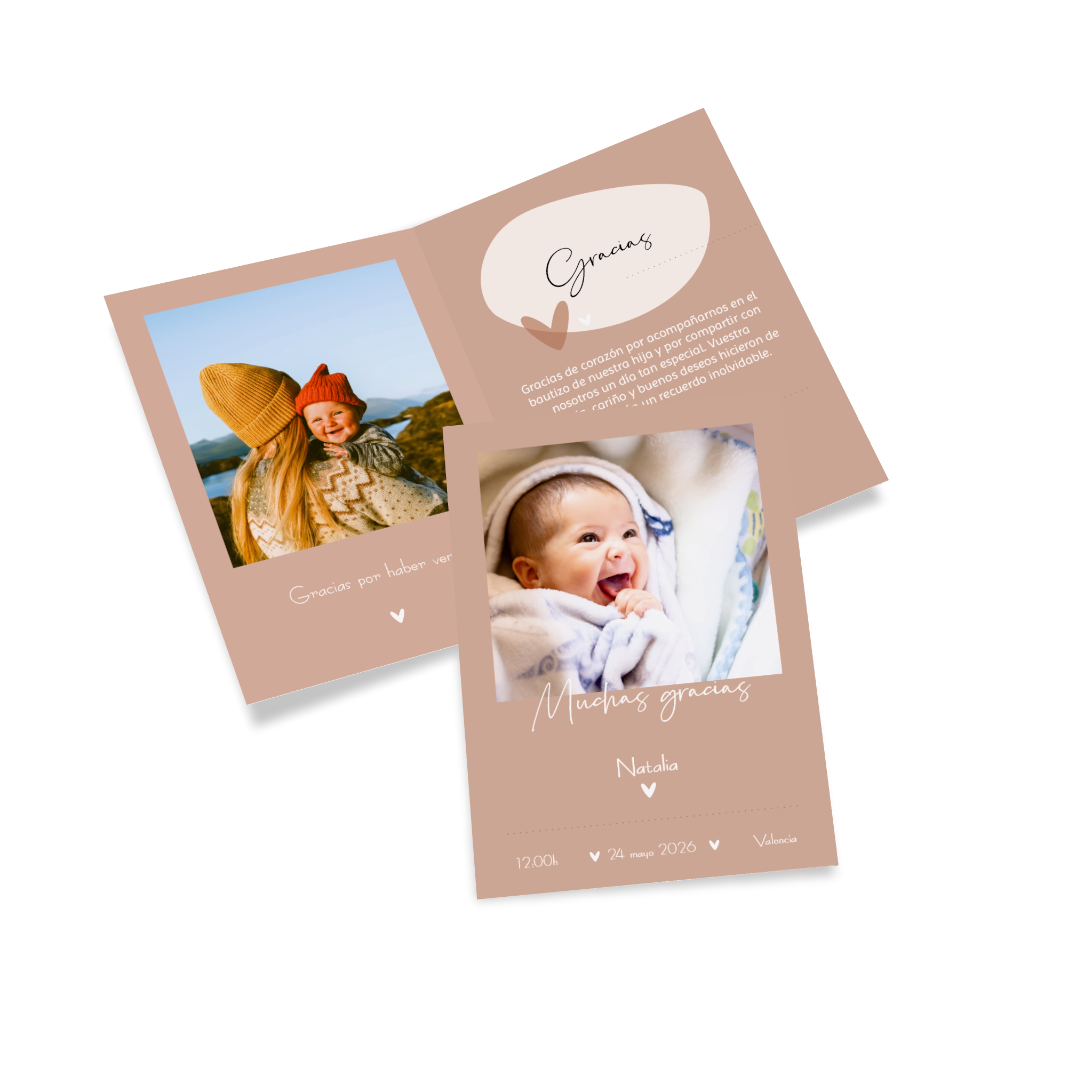 Una tarjeta plegable de agradecimiento de bautizo personalizada con fotos y textos
