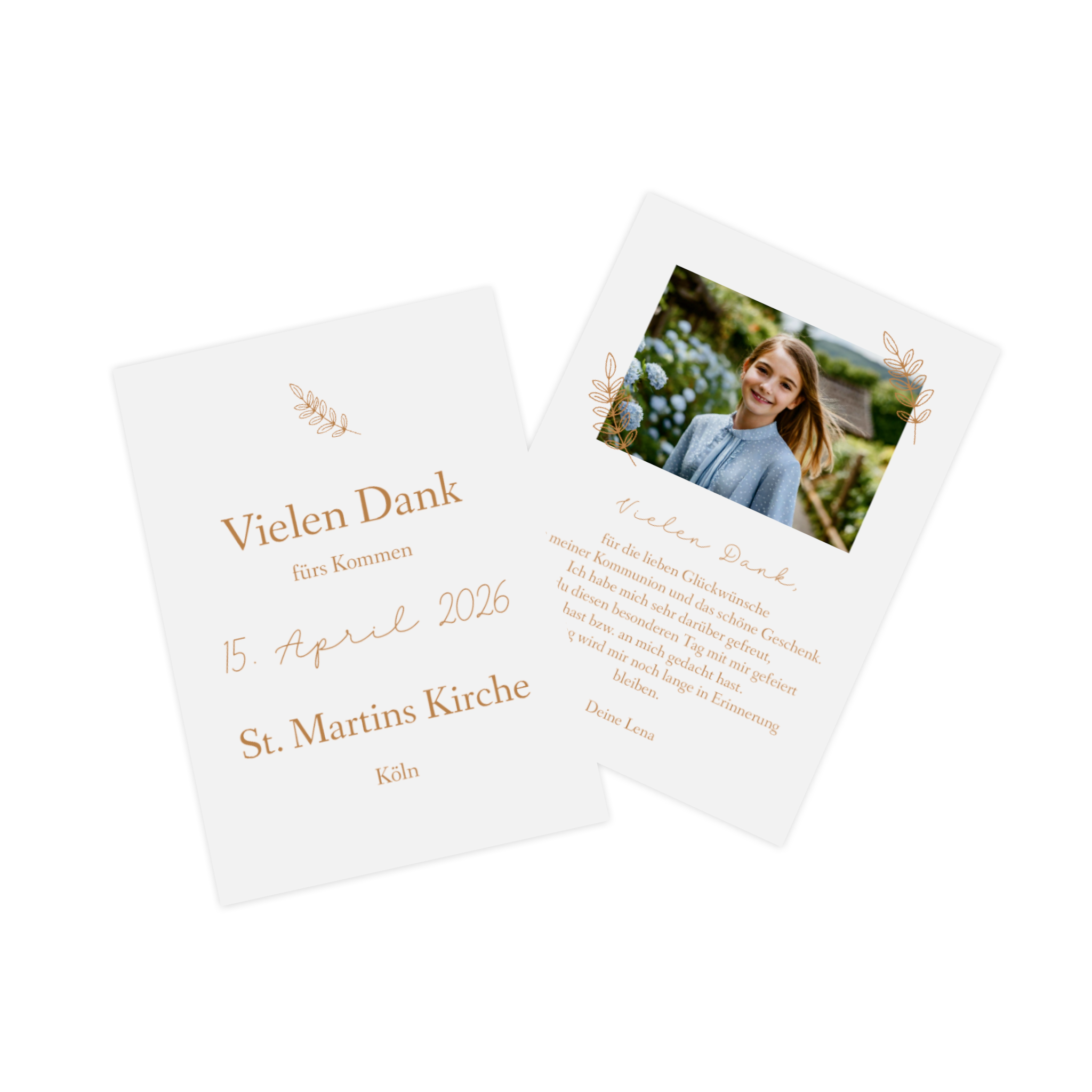Danksagungskarte zur Kommunion mit dem Bild eines Mädchens auf der Rückseite.
