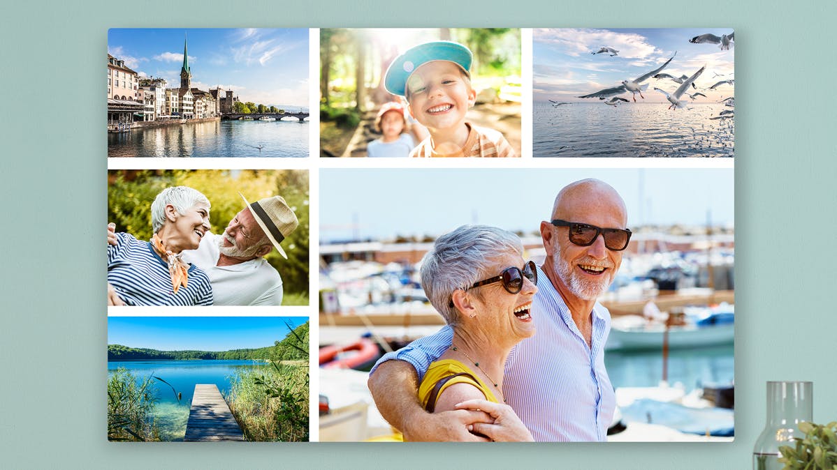 Fotocollage auf Alu-Dibond mit sommerlichen Bildern der Großeltern im Ambiente